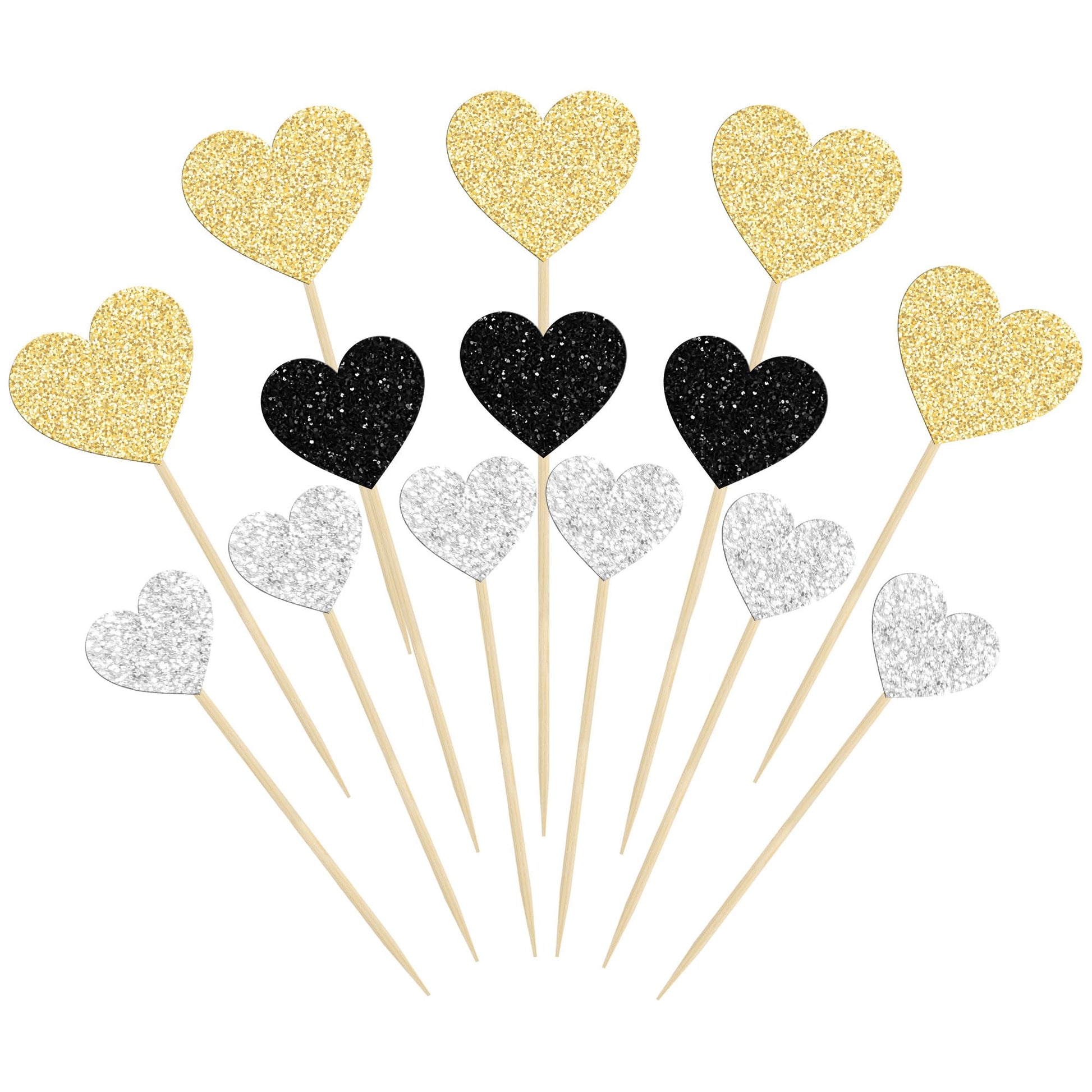 Gyufise 30Pcs Heart Cupcake Toppers, Glitter Paper Picks for Valentines Day, Wedding, Birthday Party, Gold Black Silver
