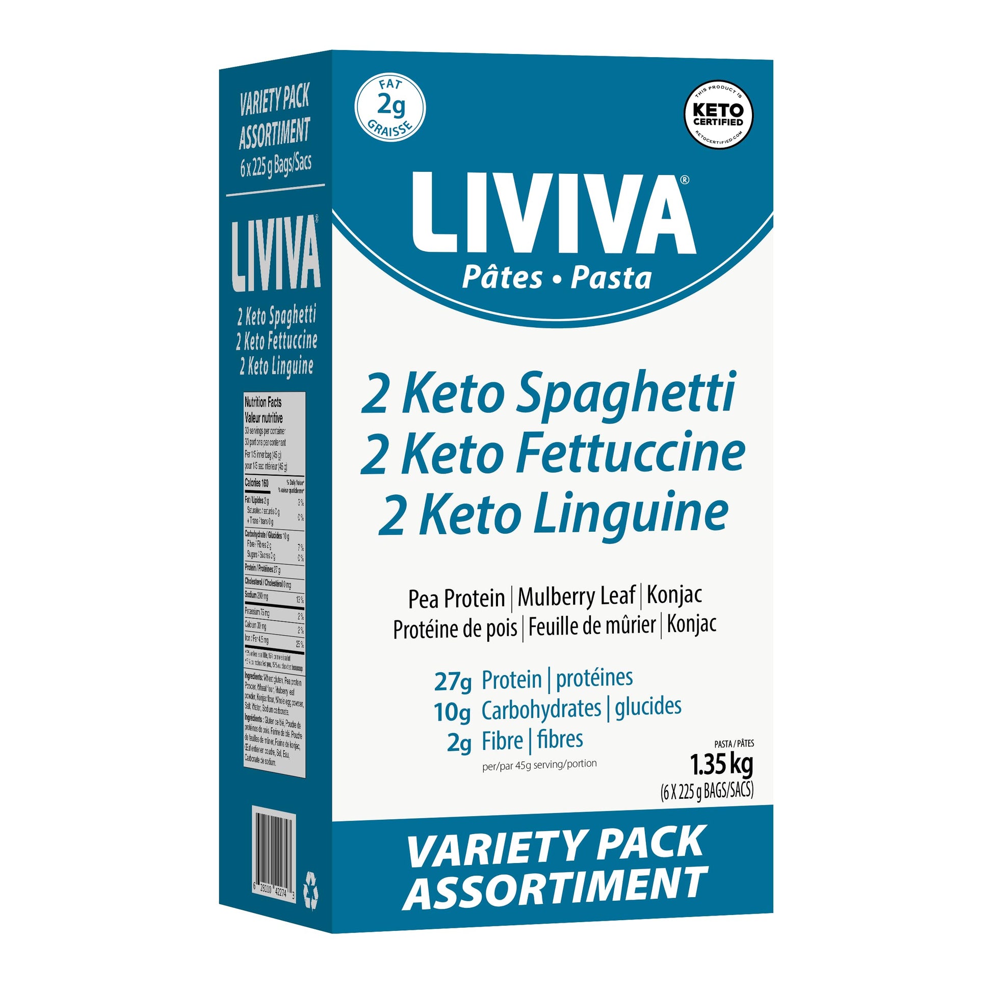 LIVIVA Low Carb High Protein KETO Variety Pk Noodle Pasta 6 Pk (2 Linguine 2 Spaghetti 2 Fettuccine) - 135 g Protein per Box wit