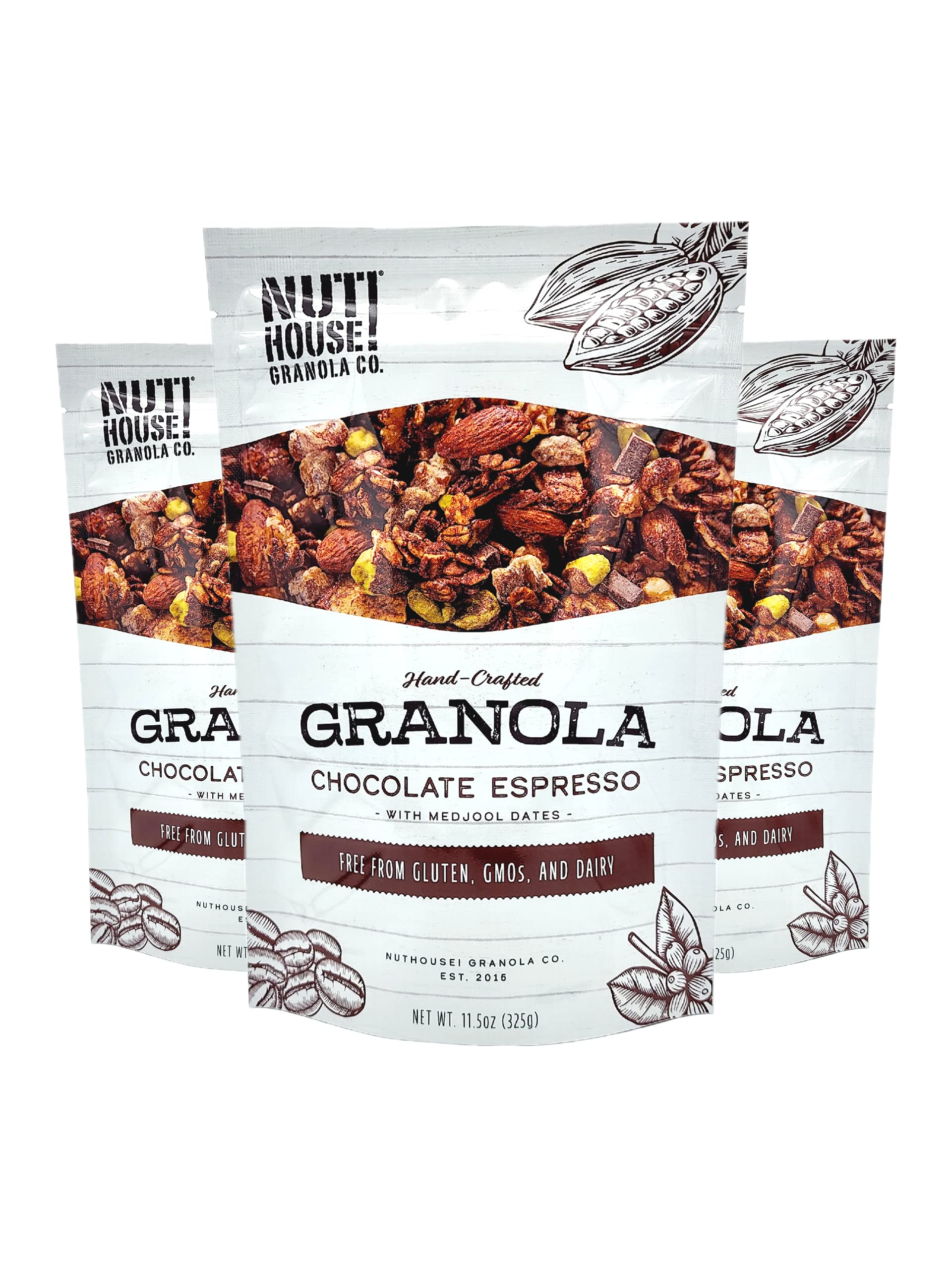 Nuthouse! Granola Company - Top-Grade Chocolate Espresso Granola | Certified Gluten-Free  Non-Gmo  Kosher | Vegan | 11.5 Oz. Bag (3-Pack)