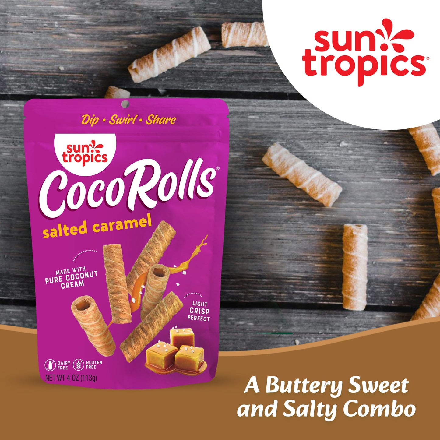Sun Tropics Cocorolls Salted Caramel, Gluten Free, Dairy Free, Snack-Crisp Rolled Wafer Made With Pure Coconut Cream, 6 Count