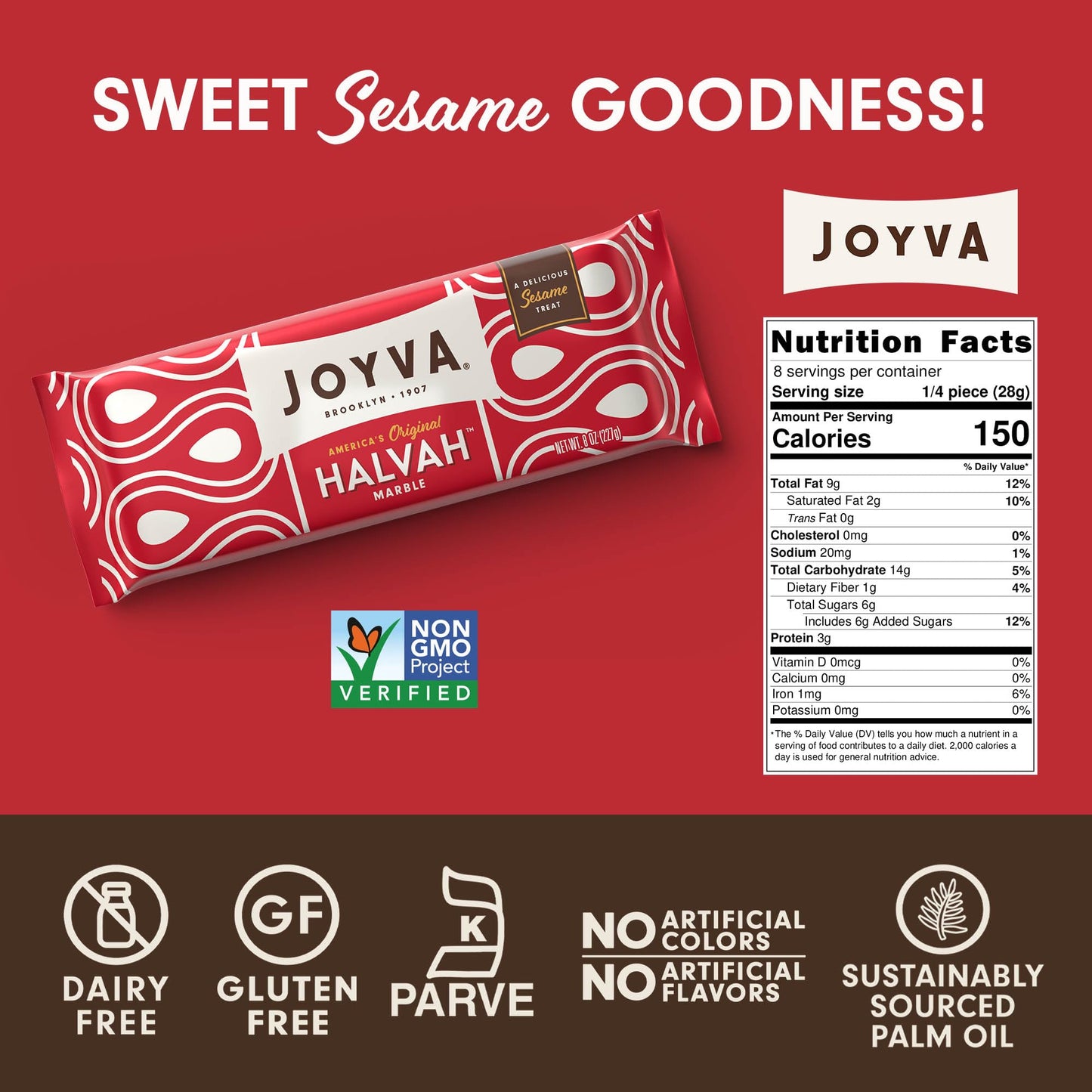 Joyva Halvah - Marble, 8Oz Pack Of 2 | A Delicious Sesame Treat | Dairy Free, Gluten-Free & Kosher Parve | Handcrafted In Brookl