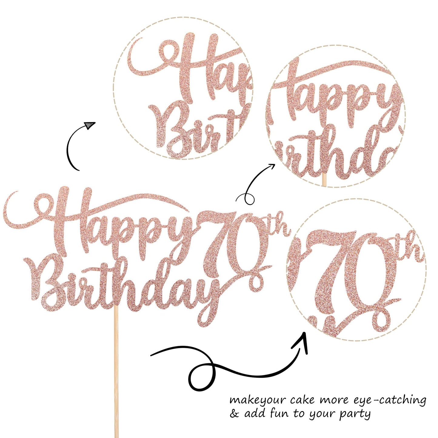 Rssta i 70th Birthday Cake Topper, Rose Gold Glitter, Paper Decoration, Model XM042