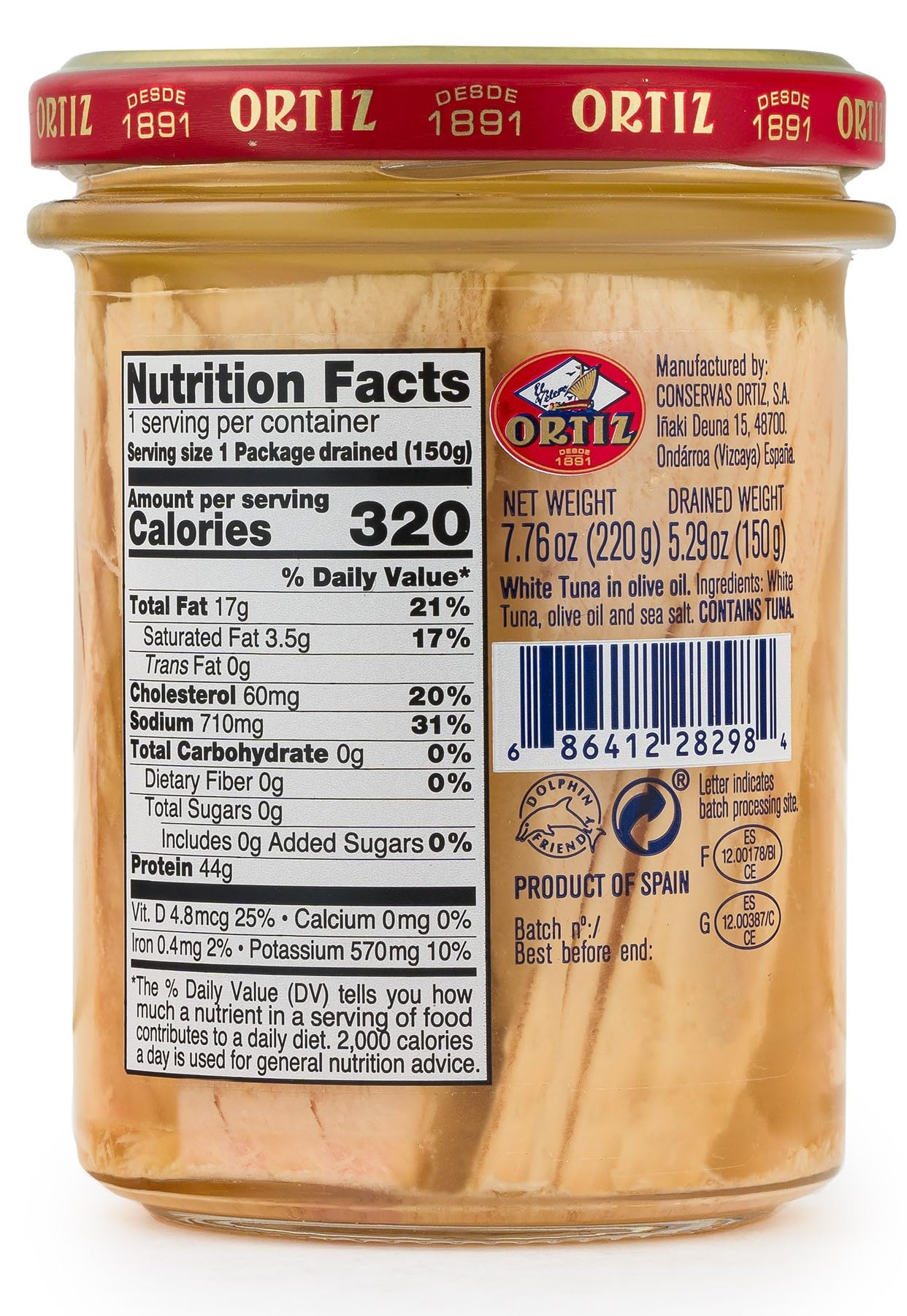 Ortiz Tuna In Olive Oil, 7.76Oz Glass Jar | Superior Tuna In Olive Oil | Ortiz White Tuna In Olive Oil [7.76Oz/220Gr Net Wt.]