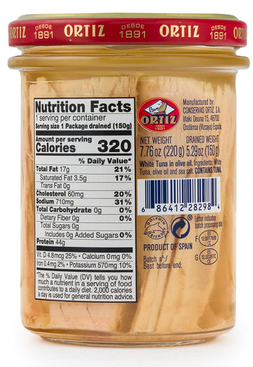 Ortiz Tuna In Olive Oil, 7.76Oz Glass Jar | Superior Tuna In Olive Oil | Ortiz White Tuna In Olive Oil [7.76Oz/220Gr Net Wt.]