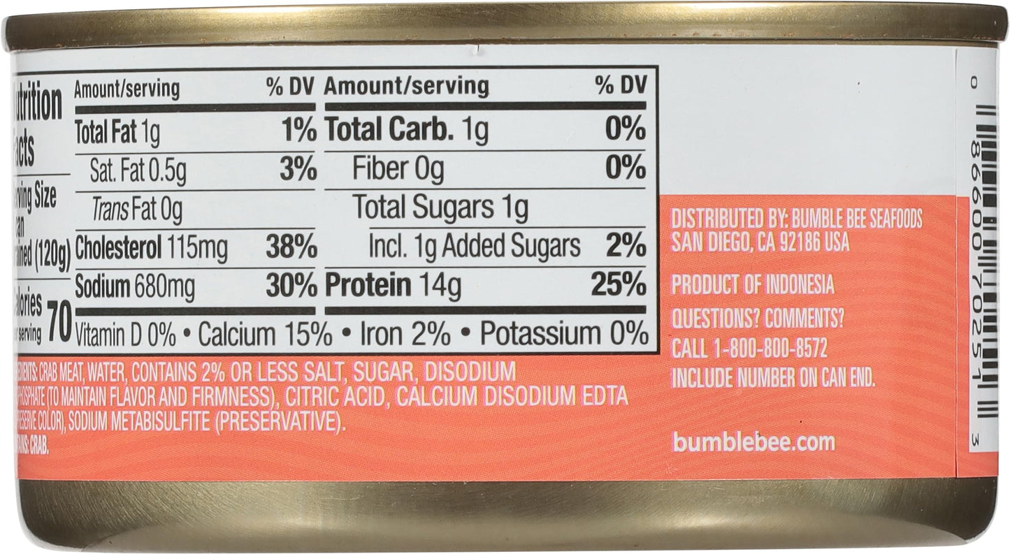 Bumble Bee White Crabmeat, 6 oz - Ready to Eat - 14g Protein per Serving - Gluten Free - Great Snack or Use in Seafood Recipes,
