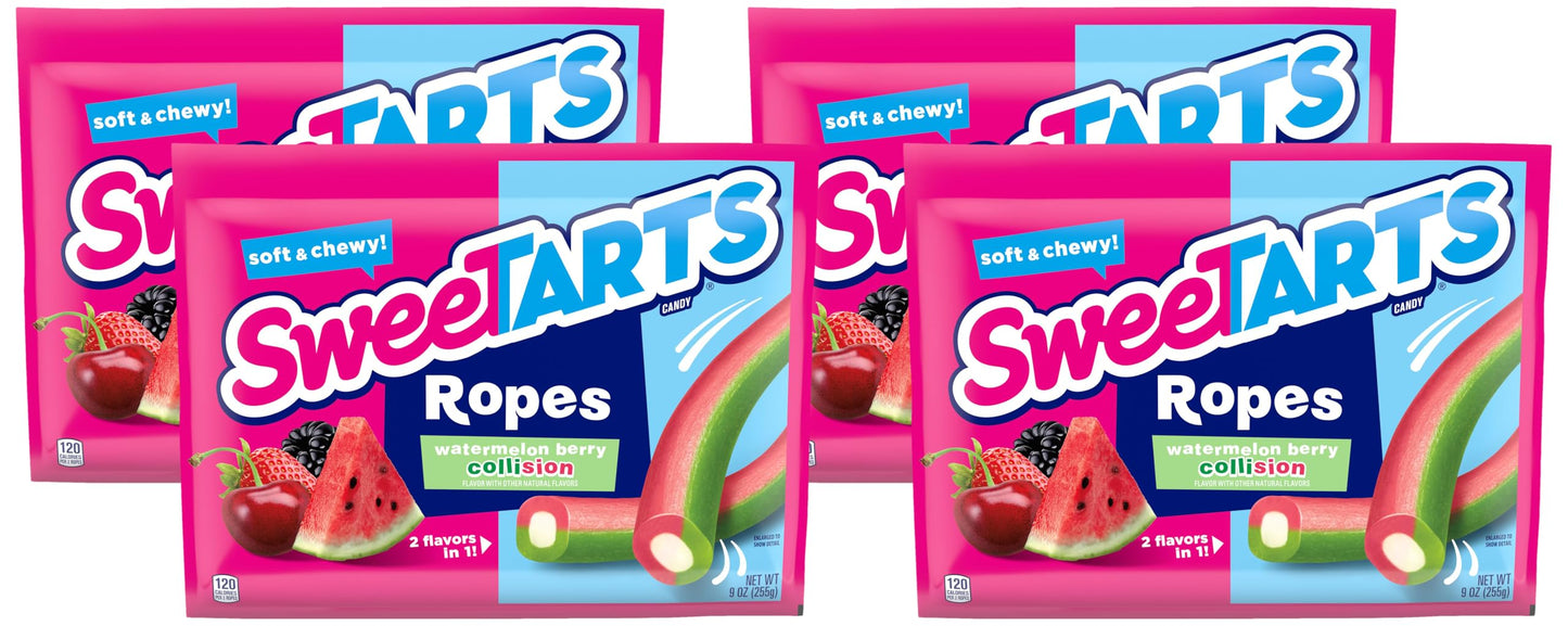 SweeTARTS Soft & Chewy Ropes Candy, Watermelon Berry Flavor, 9 Ounce (Pack of 4)