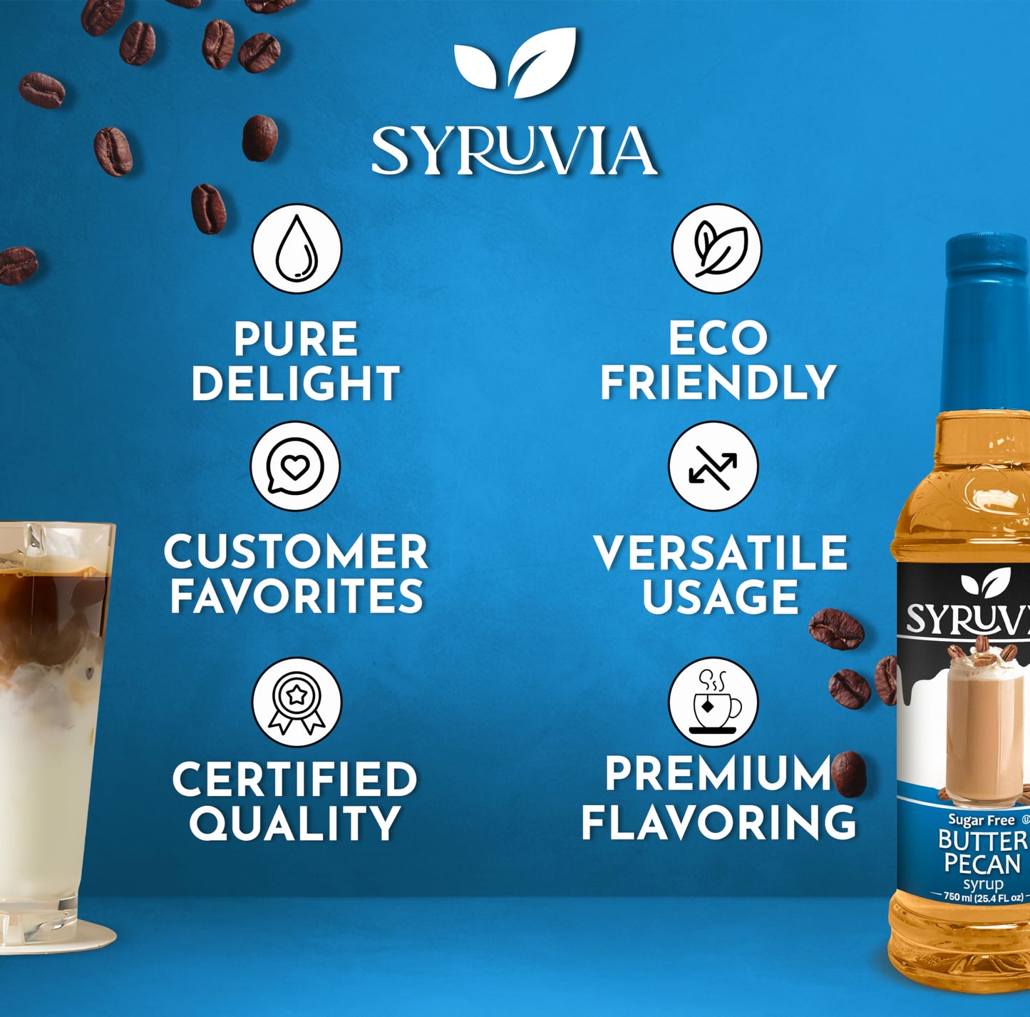 Syruvia Sugar-Free Butter Pecan Coffee Syrup - 25.4 fl oz Premium Coffee Flavoring Syrup - 0 Calorie- Kosher Coffee Syrups, Glut