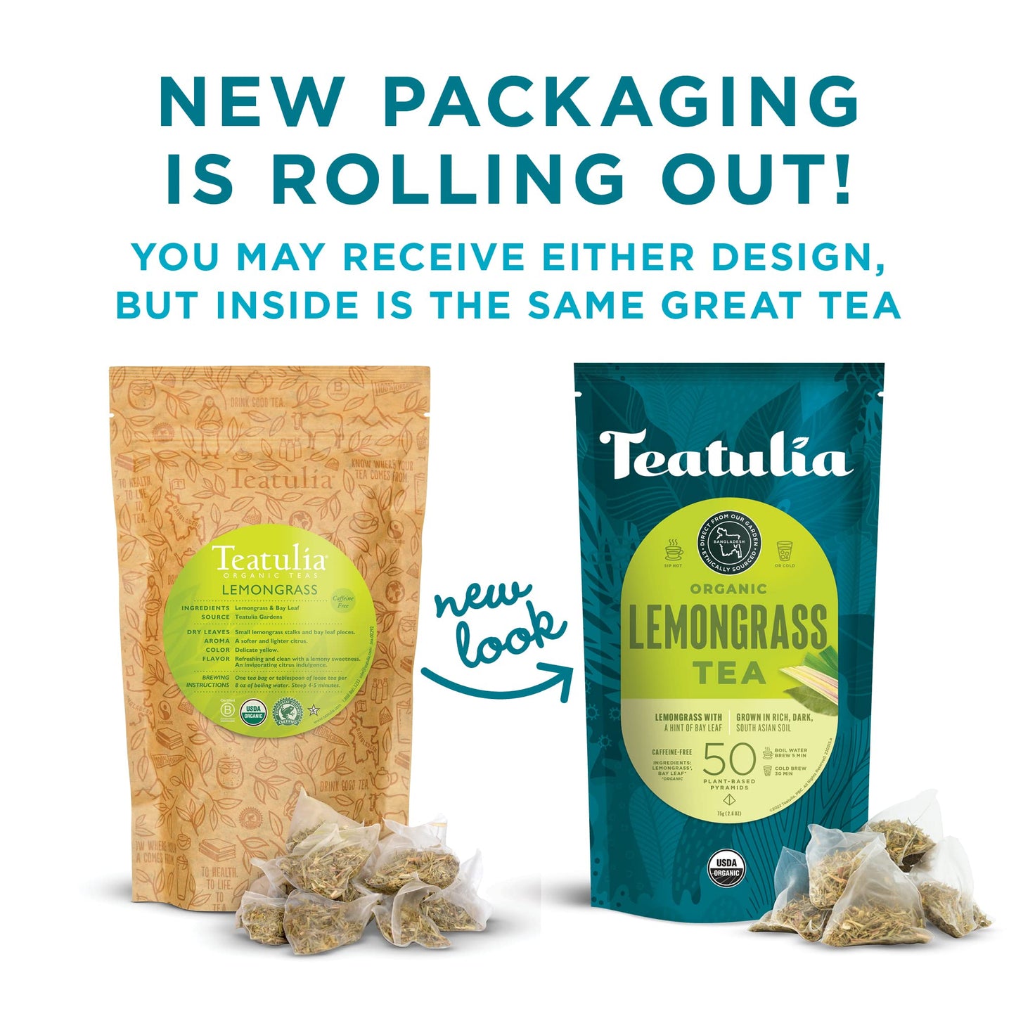 Teatulia Organic Lemongrass Tea Bags, Caffeine Free Herbal Tea, 50 Pyramid Sachets, Compostable, Sustainably Grown