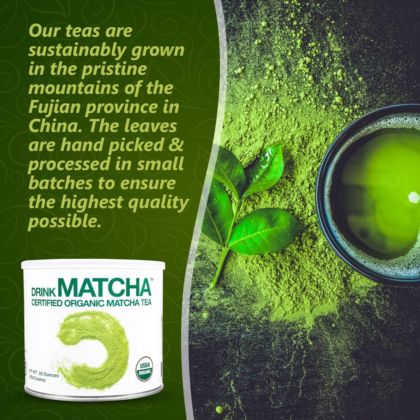 DrinkMatcha Organic Matcha Green Tea Powder 1 LB 100% Pure Matcha | Nothing Added | Perfect for Lattes, Smoothies, Baking (16 Ou