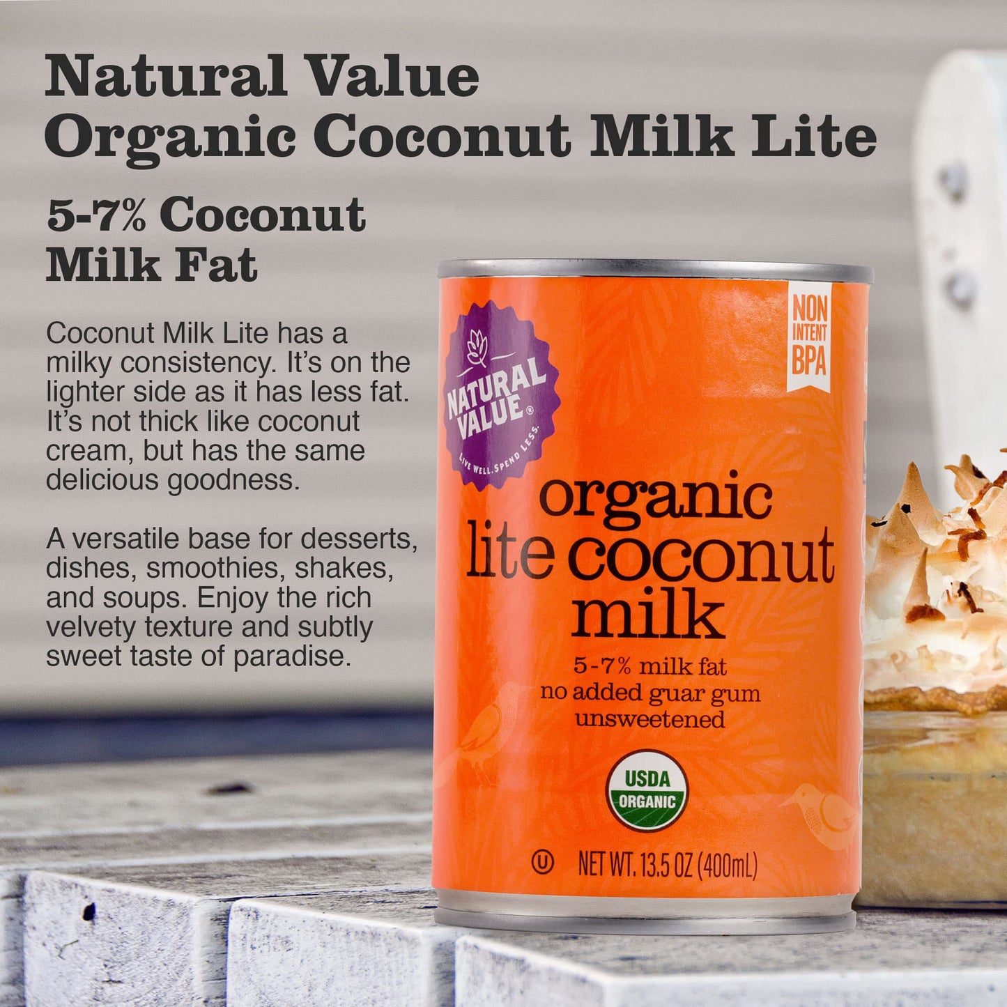 Natural Value Coconut Milk, Organic, Lite 5-7% Milk Fat,13.5 oz (pack of 6) No added Guar Gum, Unsweetened, Gluten Free, Keto Fr