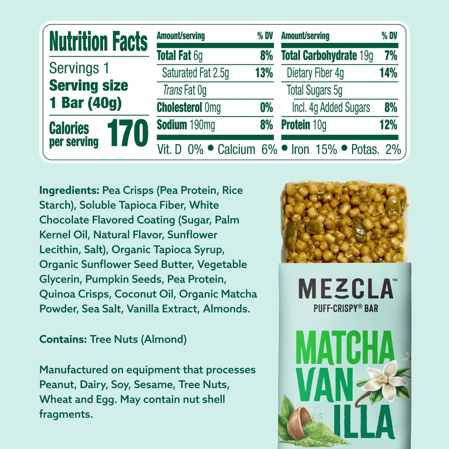 Mezcla Puff Crispy Protein Bars  Gluten Free & Vegan Protein Bars  10g Protein  Alt for Crispy Rice Treat  Granola Bars & Breakfast Bars  Healthy Snacks for mature-themeds (4 Count (Pack of 1)  Matcha Vanilla)
