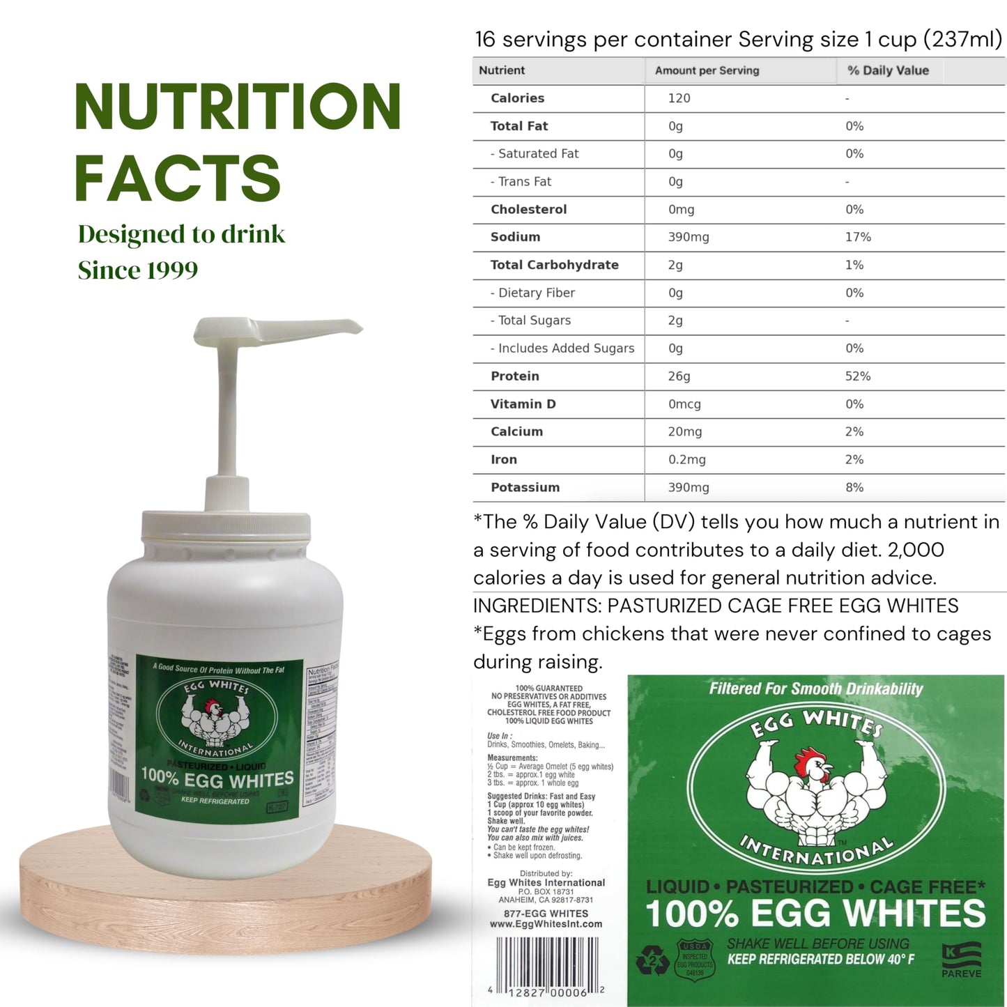 Egg Whites International 100% Pure Liquid Egg White Protein Designed to Drink. Now 100% CAGE Free (2 Gallons 2 Half Gallons & Pu
