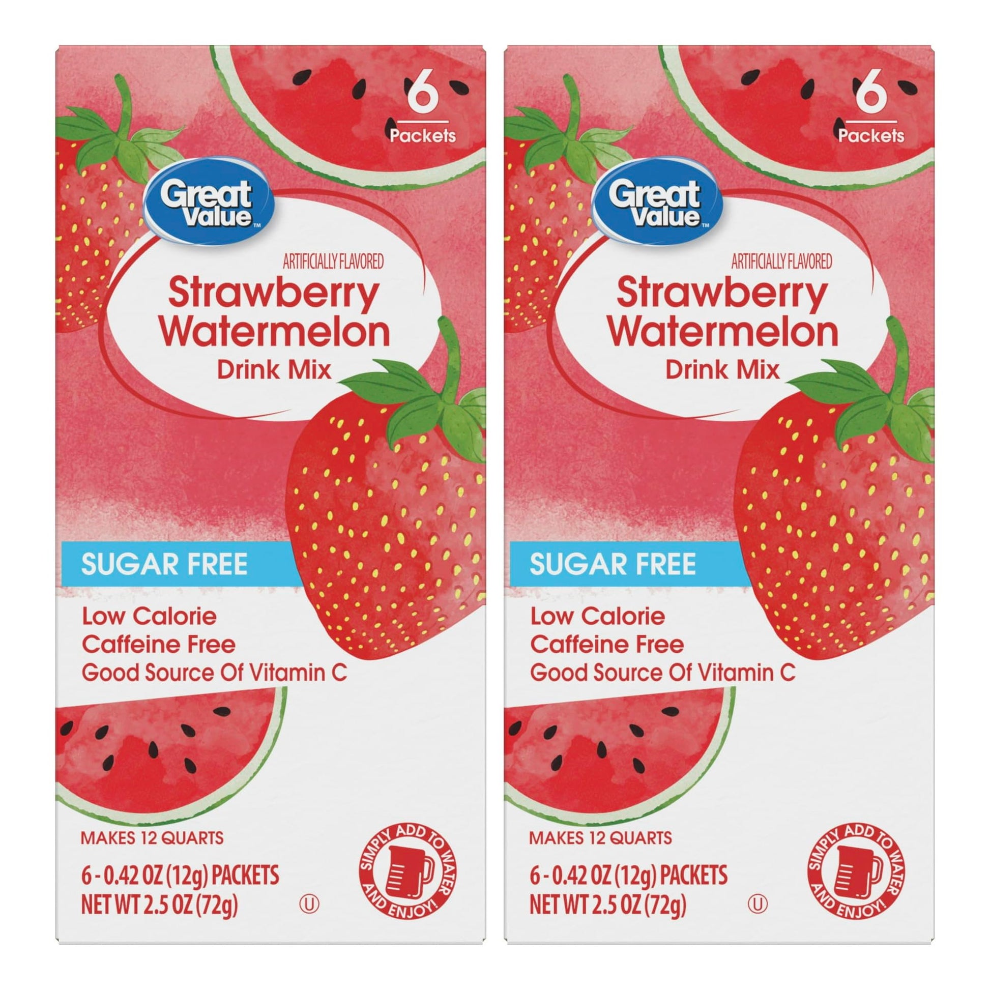 Generic Drink Mix Bundle - Low Calorie Strawberry Watermelon - 2 Pitcher Size Boxes with 6 Packets Each