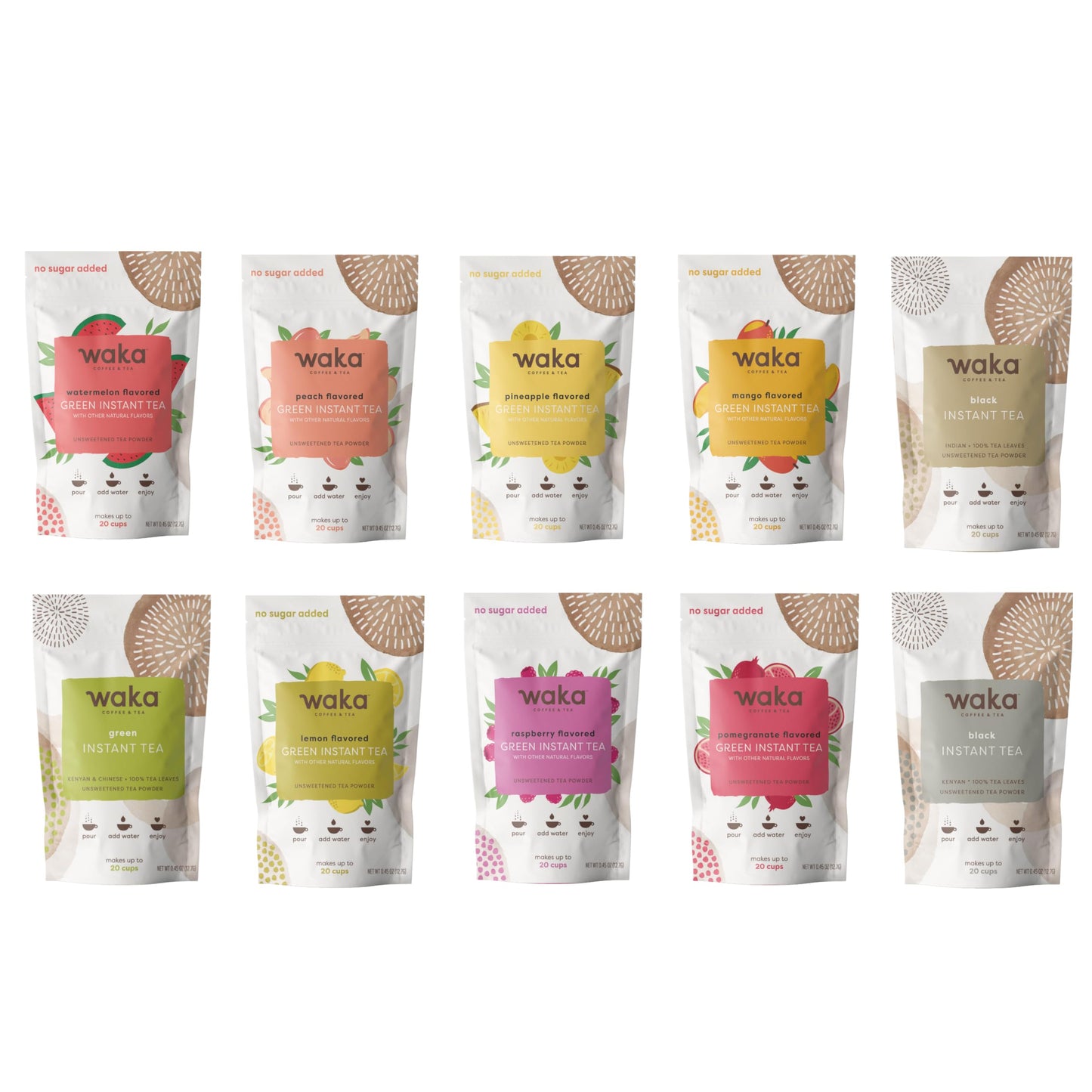 Waka - Green & Black Instant Tea Sample Bundle - No Sugar Added & Unsweetened - 100% Tea Leaves - 10 X 0.45 Oz Sample Packs For
