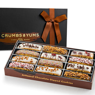 Valentines Day Cookies Gift Basket - 12 Gourmet Chocolate Covered Biscotti With Assorted Toppings - Assorted Food Gift Box For Fathers Day  Mothers Day  Family  Sympathy  Men & Women.