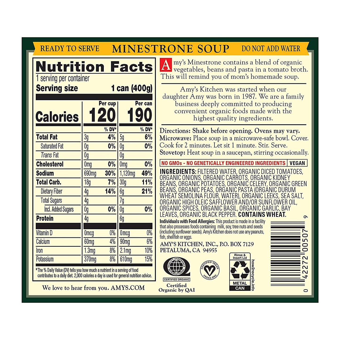 Amy's Organic Vegan Minestrone Soup, Low Fat, 14.1 oz (Pack of 12) - Healthy Pasta, Beans & Veggies, Natural Flavor