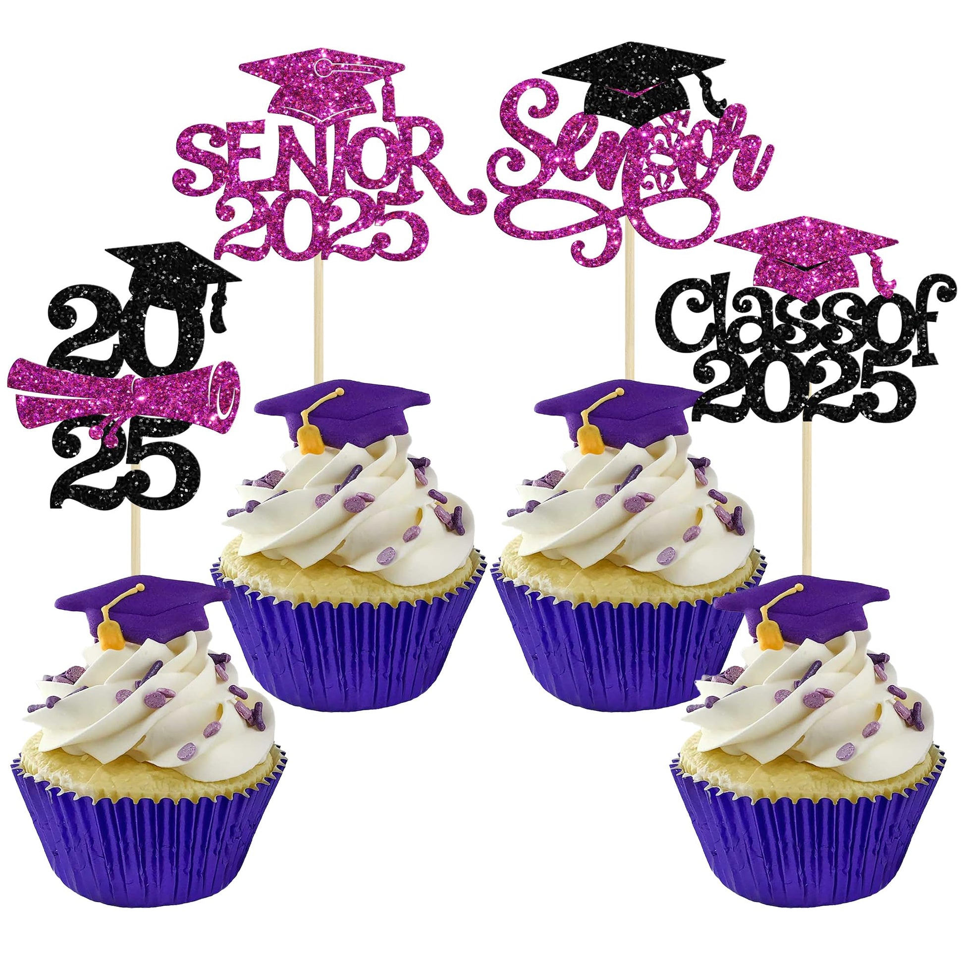 Gyufise 24Pcs Graduation Cupcake Toppers, Glitter Senior Class of 2025, Purple, Paper Decorations for Graduation Theme Party