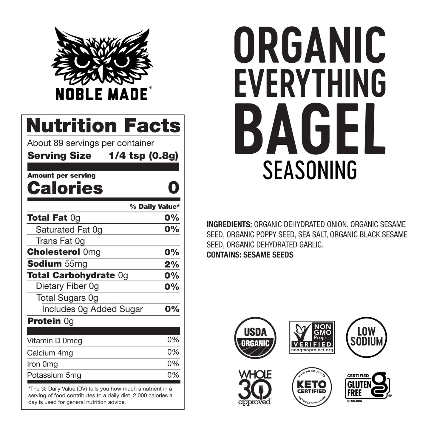 Noble Made Organic Everything Bagel Seasoning, Garlic, Onion, Sesame Blend, Keto, Gluten Free, Organic, Low Sodium, Popcorn Seas