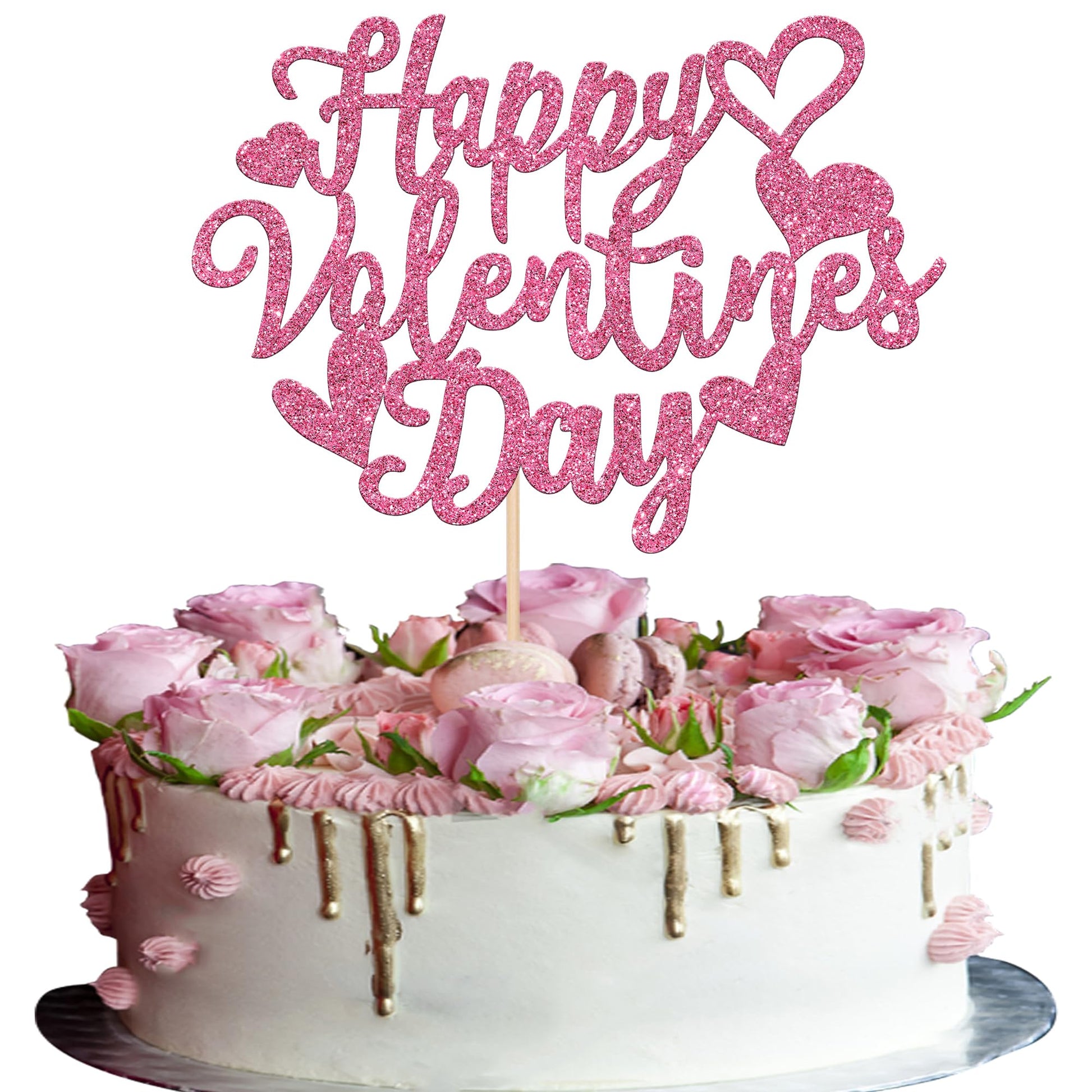 YCTHUNFISH Valentines Day Cake Topper - Glitter Heart Design, Bamboo, Pink, for Engagement & Birthday Party Decorations