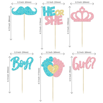 24Pcs Boy Or Girl Cupcake Toppers Pink Blue Glitter Crown Moustache Baby Shower Cupcake Picks He Or She Footprint Cake Topper De