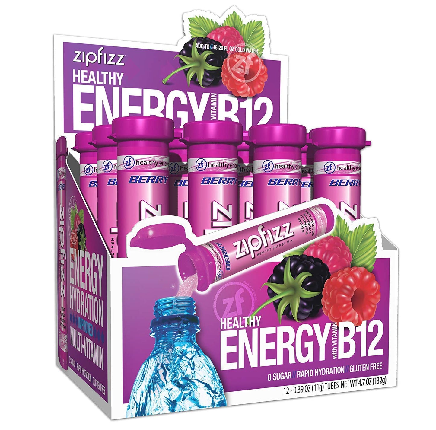 Zipfizz Daily Energy Drink Powder, Sugar-Free, Electrolyte Powder, 12 Pack, Berry Flavor, Model 12BERRY, 0.39 Ounce Each