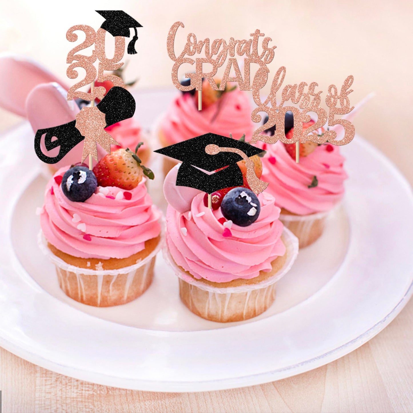 YCTHUNFISH 30 Pack Cupcake Toppers Rose Gold Glitter Graduation Class of 2025 Decorations