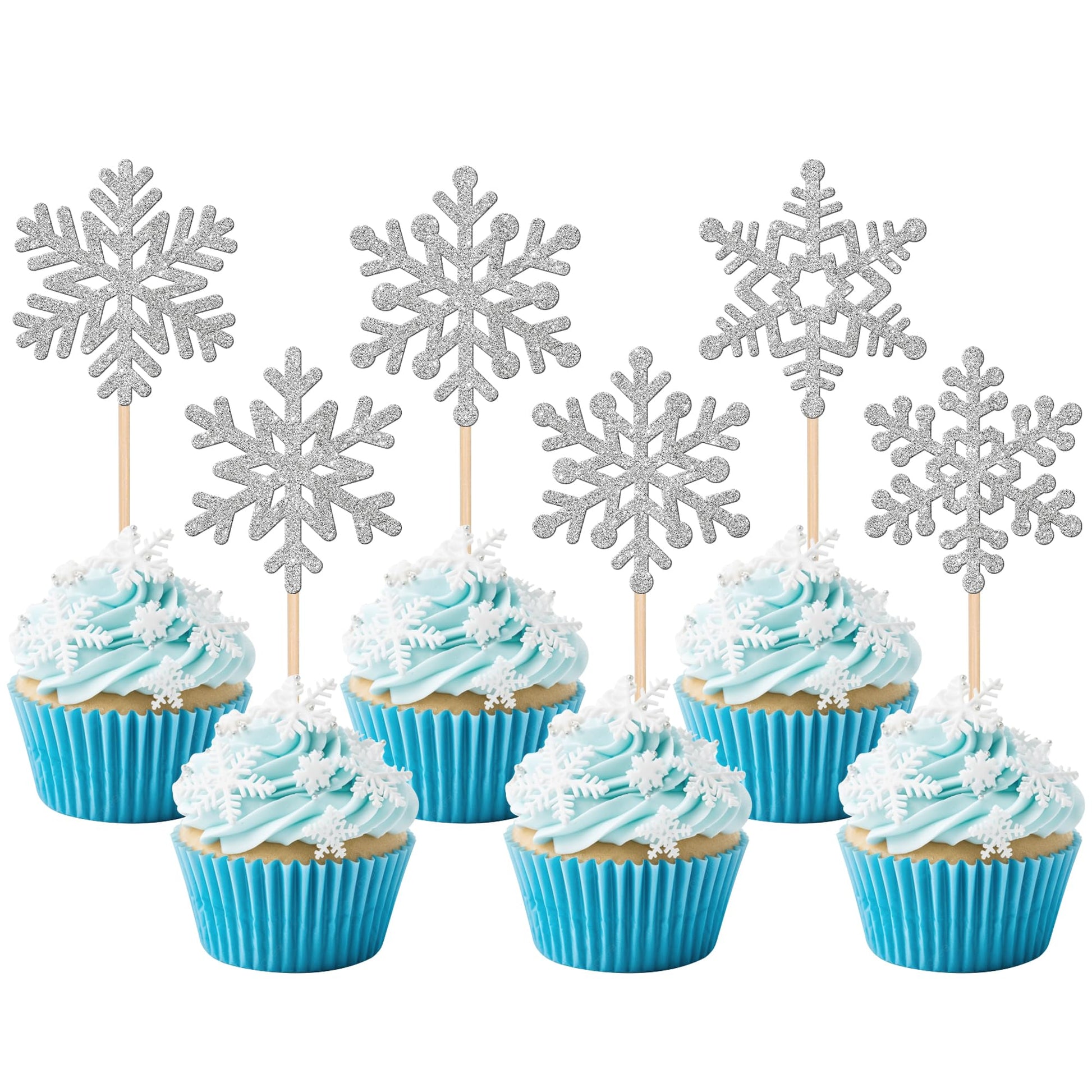 24 PCS Snowflake Cupcake Toppers Glitter Frozen Snowflake Cupcake Picks Winter Wonderland Cake Decorations for Winter Frozen The