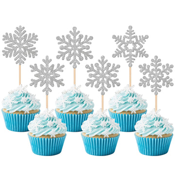 24 PCS Snowflake Cupcake Toppers Glitter Frozen Snowflake Cupcake Picks Winter Wonderland Cake Decorations for Winter Frozen The