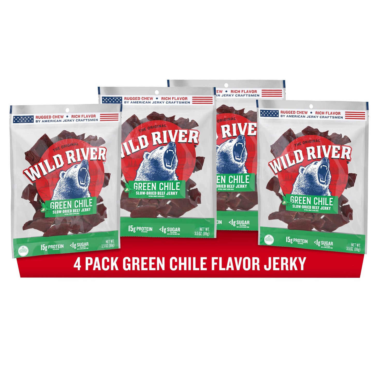 Wild River Green Chile Beef Jerky, Old Fashioned Beef Jerky, Gluten Free, Deliciously Seasoned, Savory Meat Snack For Lunches, R