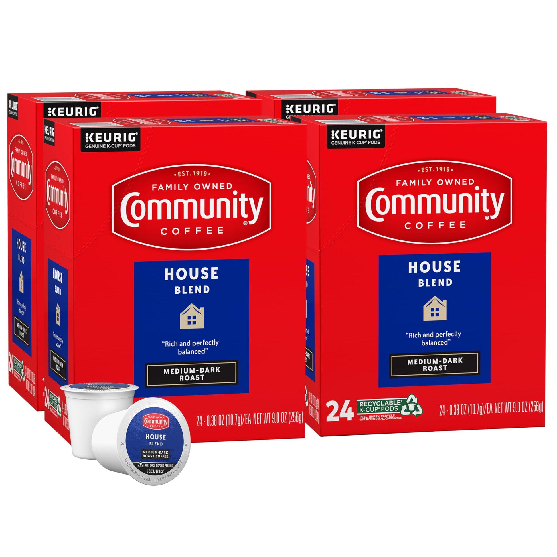 Community Coffee House Blend Coffee Pods, Medium Dark Roast, Compatible with Keurig, 96 Count (24 Count x 4 Packs)