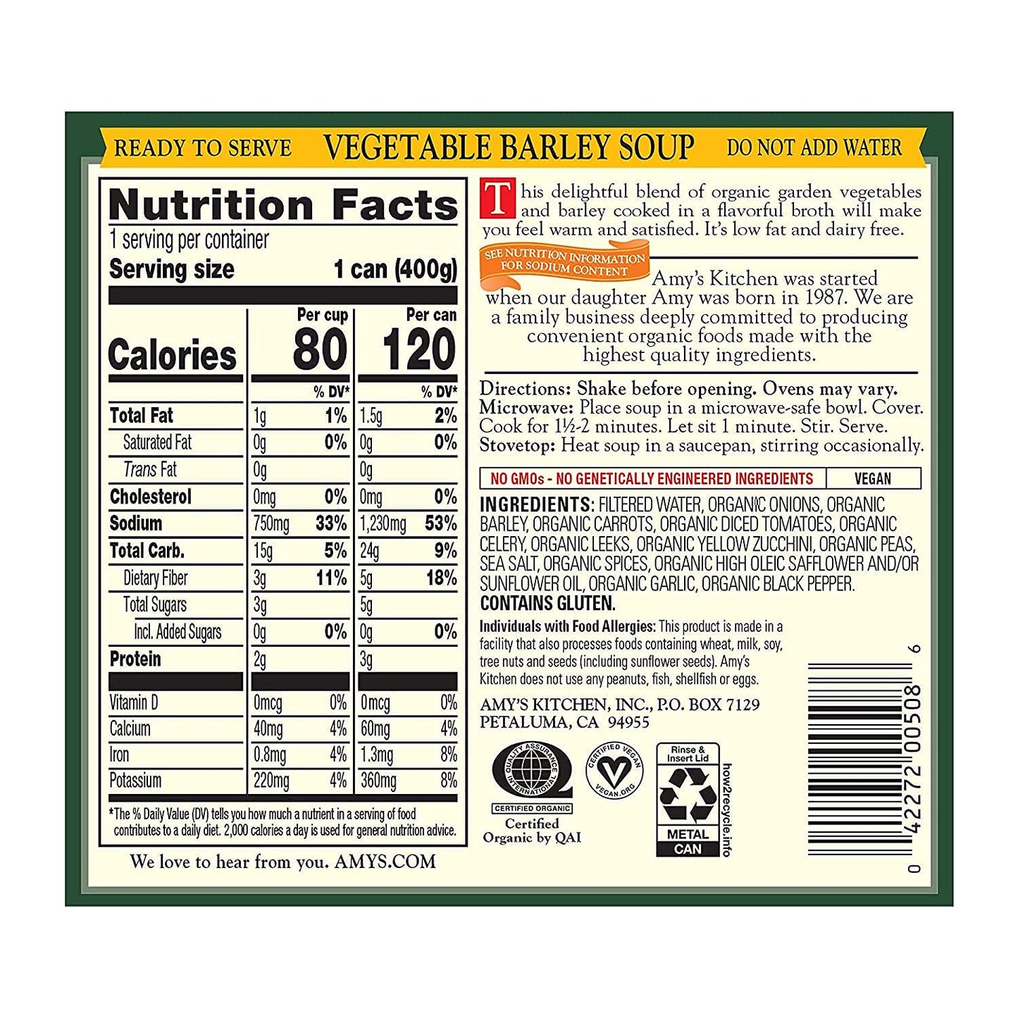 Amy’S Soup, Vegan Vegetable Barley Soup, Low Fat, Made With Organic Tomatoes, Carrots And Celery, Canned Soup, 14.1 Oz (12 Pack)