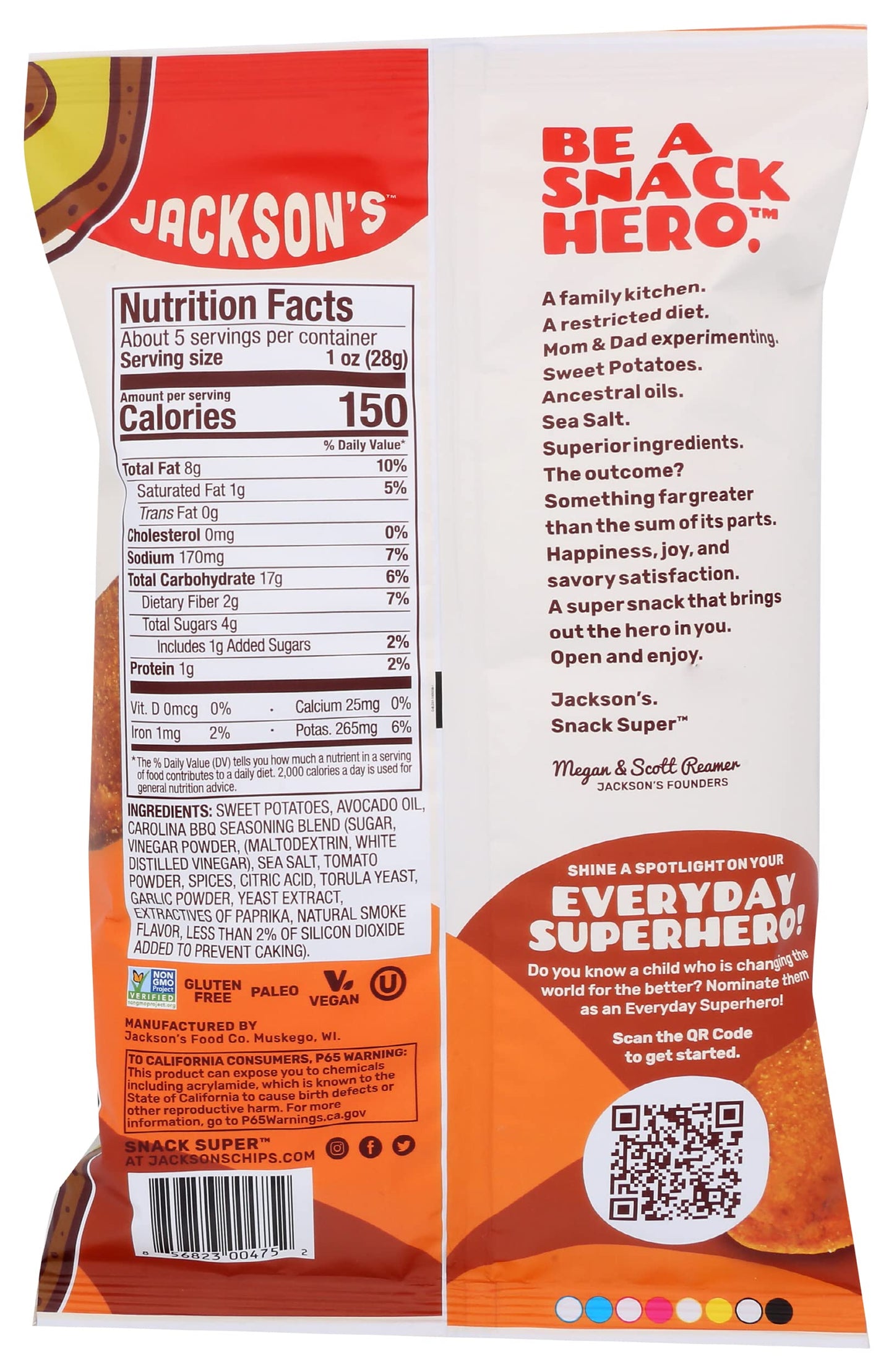 Jacksons Honest Chips, Chip Sweet Potato Carolina Barbeque, 5 Ounce