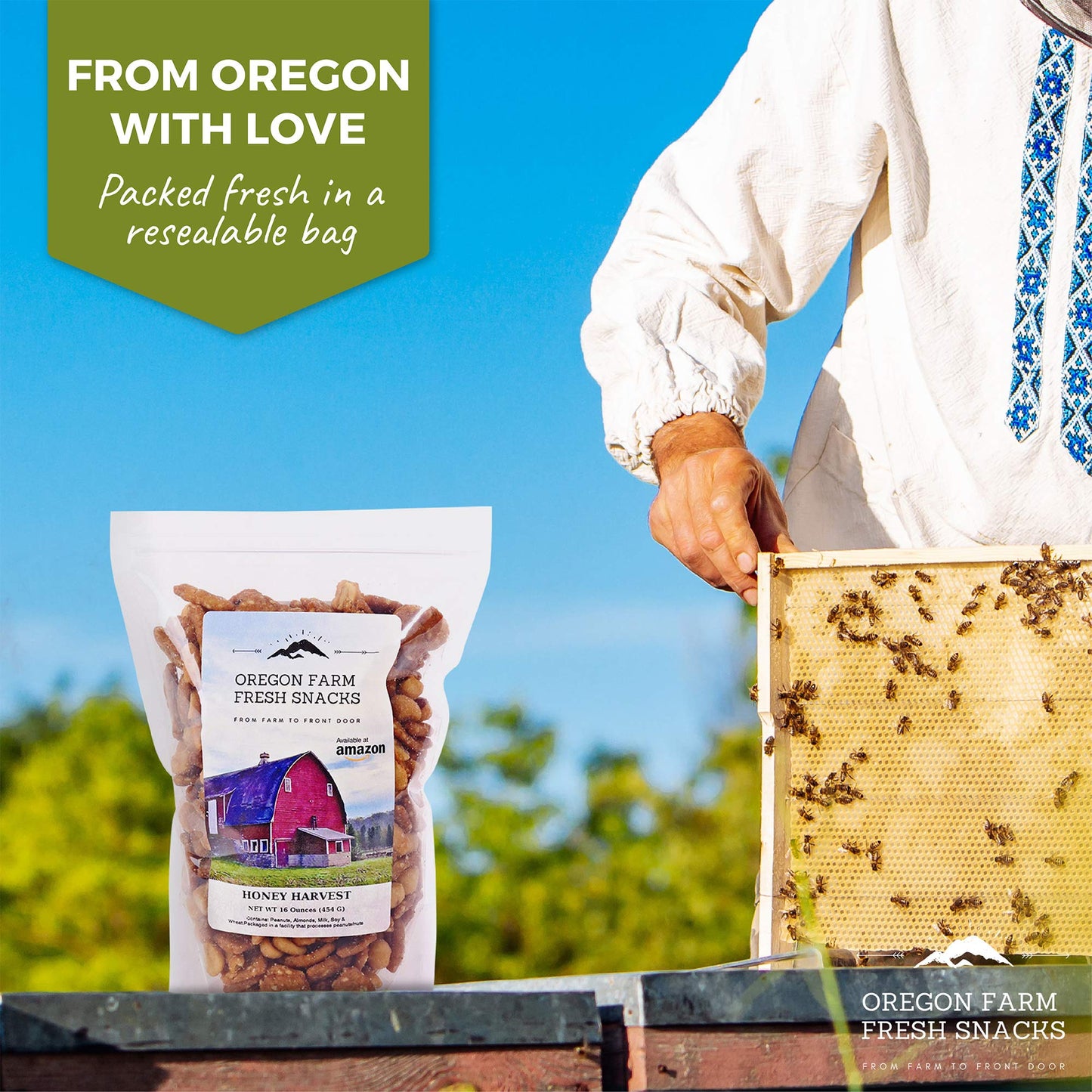 Oregon Farm Fresh Snacks Honey Roasted Mixed Nuts Snack Mix - Locally Made Honey Roasted Peanuts, Toffee Peanuts & Sesame Sticks