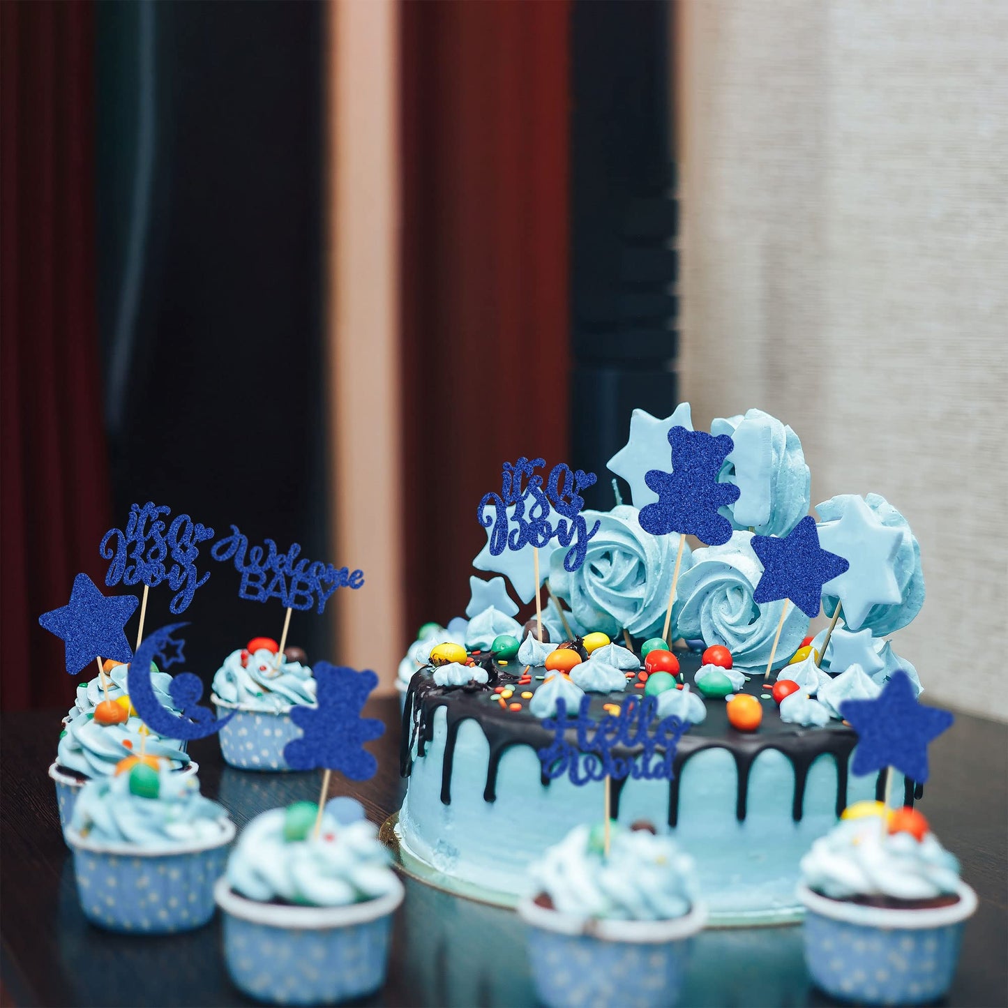 Gyufise 24Pcs Baby Shower Boy Cupcake Toppers With Moon Star Bear Light Blue Glitter It'S A Boy Welcome Baby Hello World Baby Bo