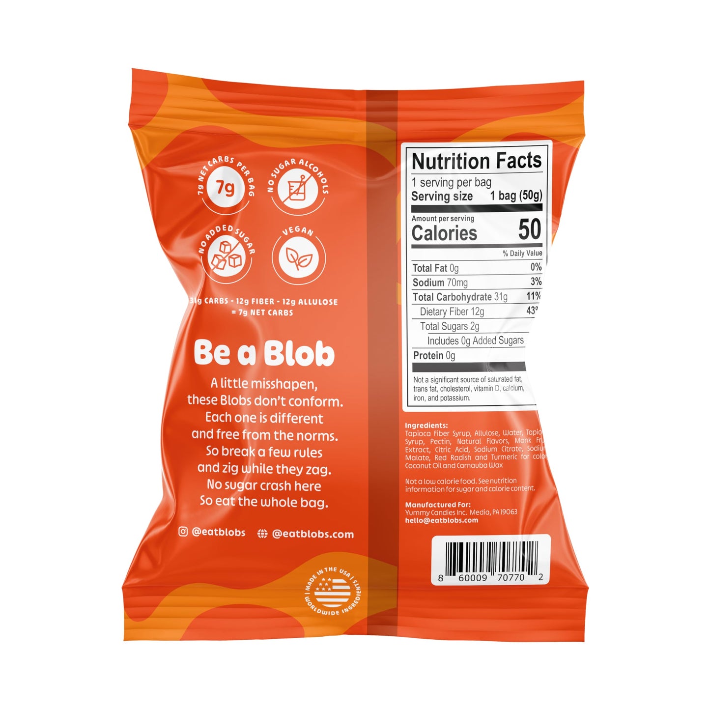 Blobs Gummy Candy - Low Carb, Low Calorie, Vegan, Gluten Free - 1.8 oz Bag (Pack of 6) - Orange Peach Flavor