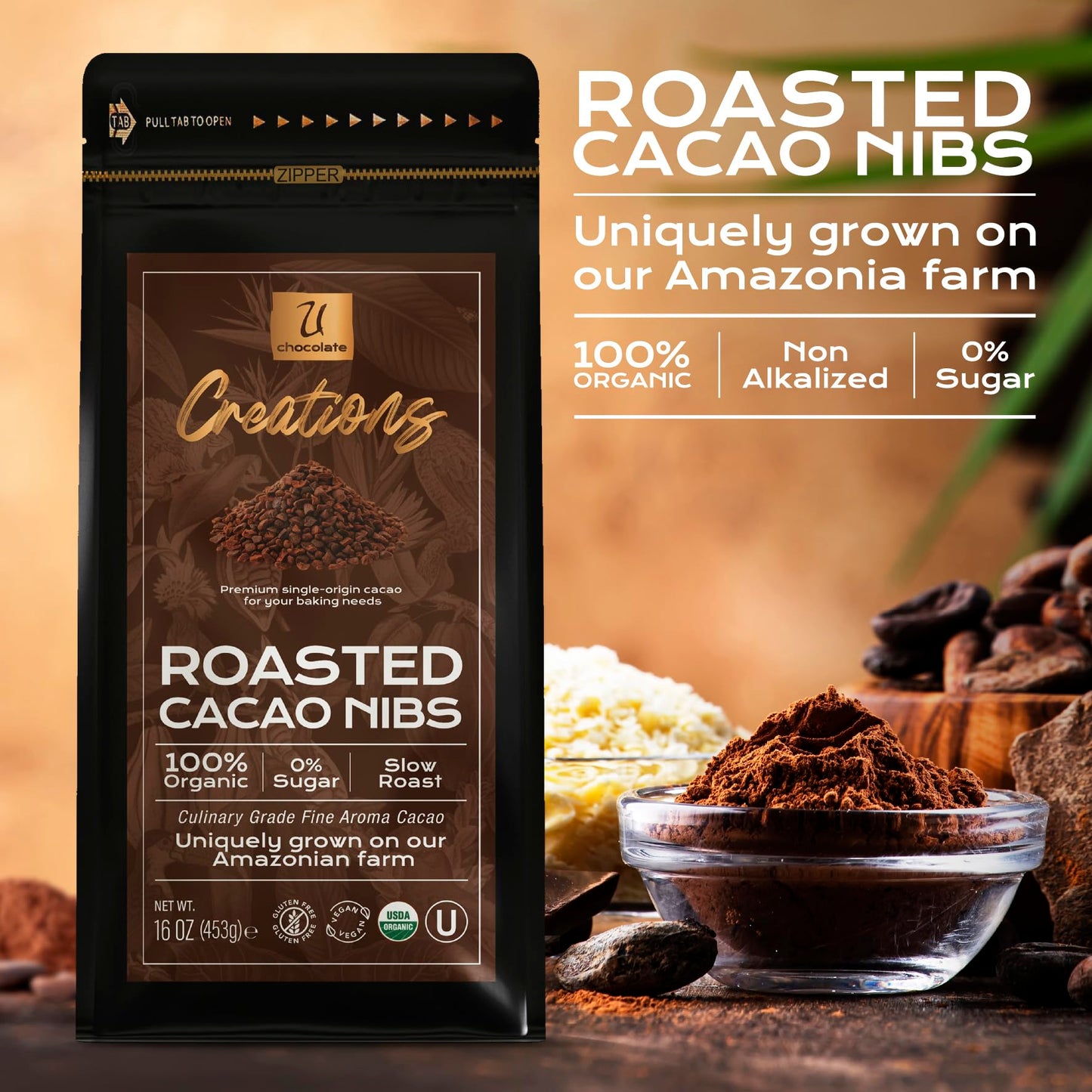 U Chocolate Creations Organic Cacao Nibs 16 oz - 100% Natural, 0% Sugar, Perfect for Snacks and Baking