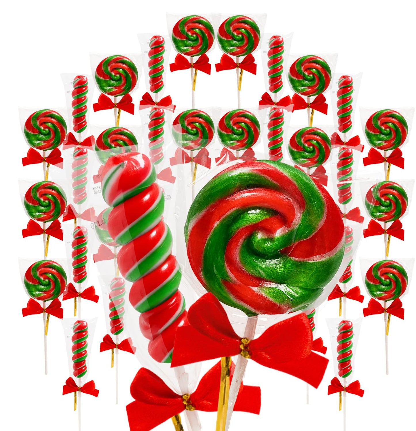 32 Count Red-And-Green Layered Lollipops With Red Ribbon Bow Twisty 16 & Swirl 16 Mixed Candy Lollipops Individually Wrapped Bulk  Christmas-Themed Lollipop Candy Gifts For Christmas Stocking Stuffer