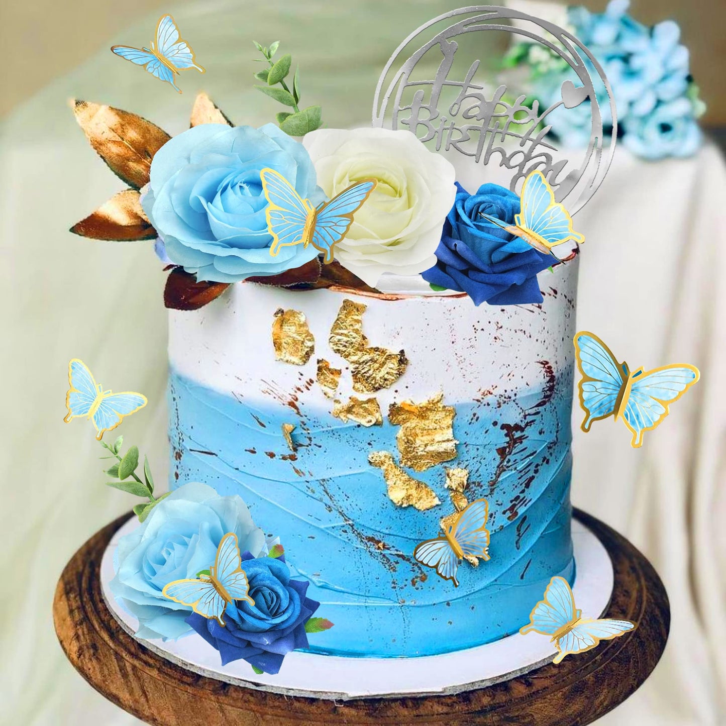 19 Pcs Flower Cake Toppers Butterfly Happy Birthday Cake Decorations With Artificial Blue Rose Flowers Eucalyptus Butterflies Fo