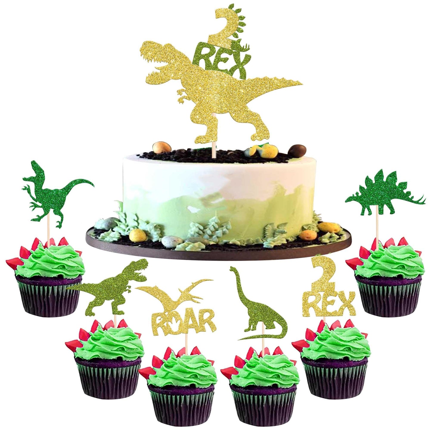 YCTHUNFISH Dinosaur Cupcake Toppers, 25 Pack, Glitter, Gold, Paper, Dino Theme for Birthday Party Decorations