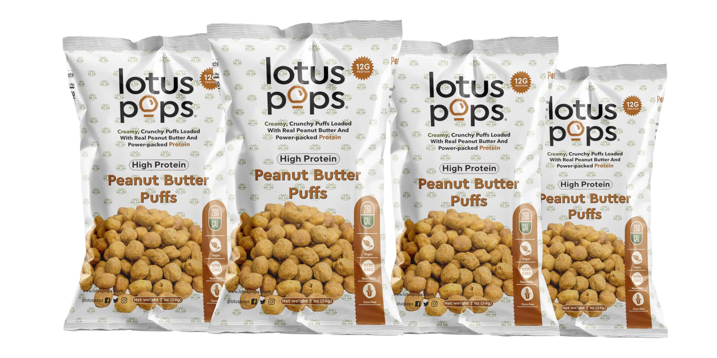 Lotus Pops - High Protein Peanut Butter Puffs  High Protein Vegan Snacks | Plant Protein | Roasted Not-Fried | Paleo | Non GMO |
