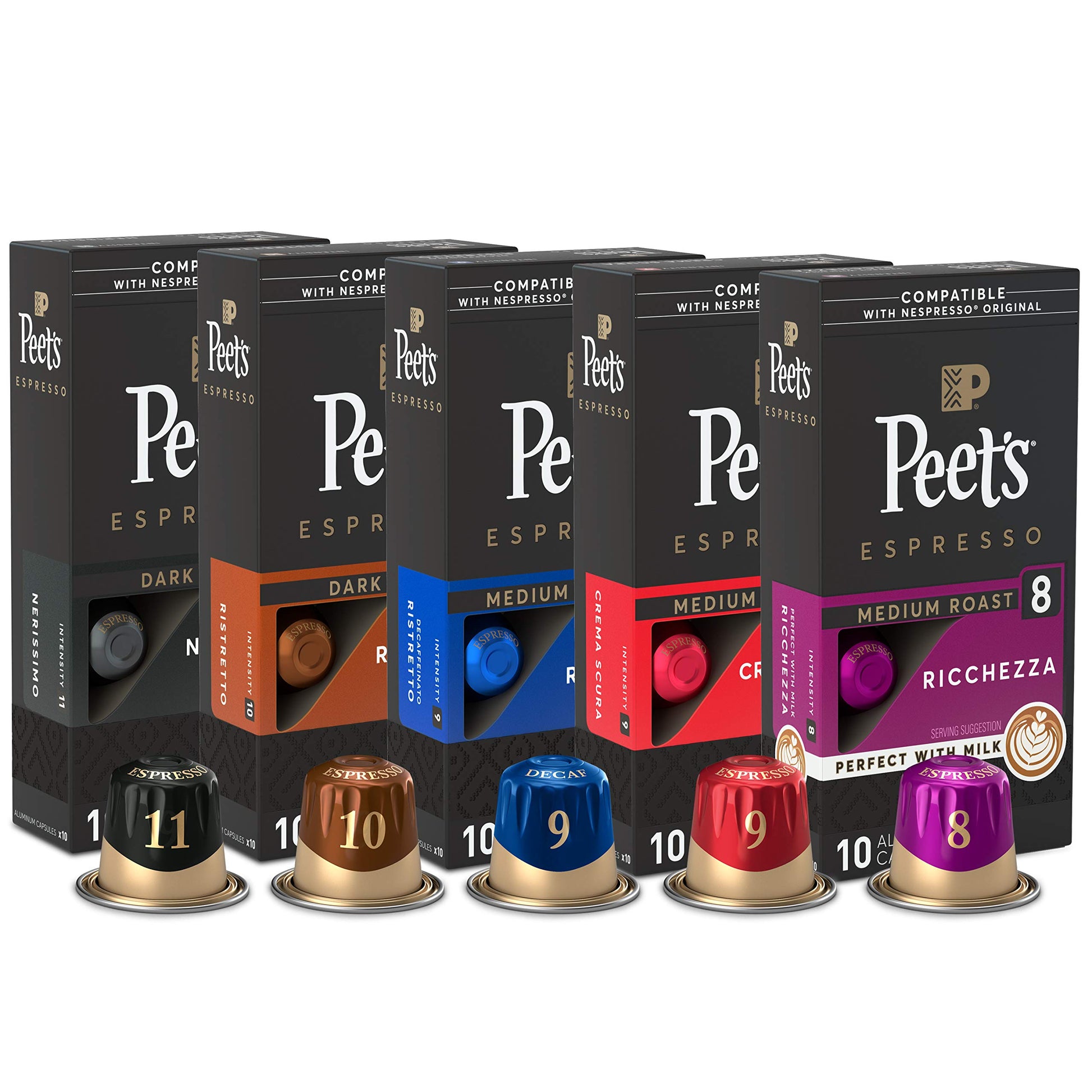 Peets Coffee Espresso Capsules Variety Pack, Dark & Medium Roast, Decaf, 50 Count (5 Boxes of 10), Compatible with Nespresso Original Machine