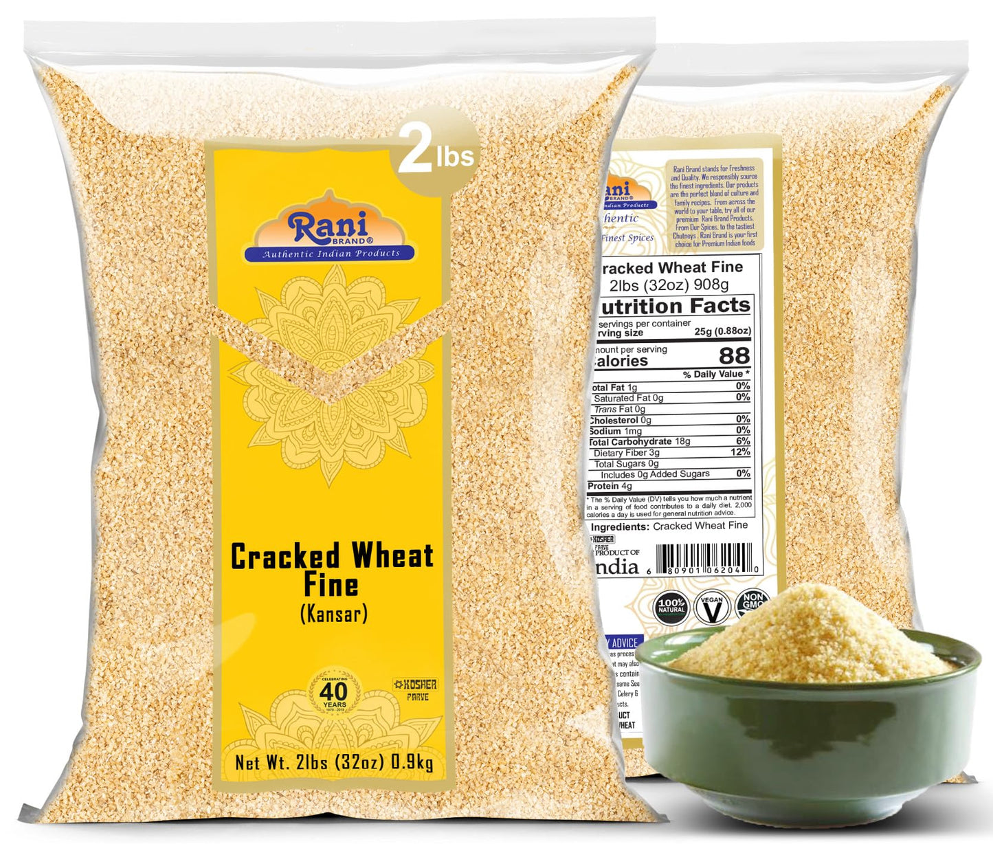 Rani Cracked Wheat Fine (Kansar/Bulgur Wheat#1) 32Oz (2Lbs) 908G ~ All Natural | Vegan | Gluten Friendly | Non-Gmo |Kosher | Indian Origin