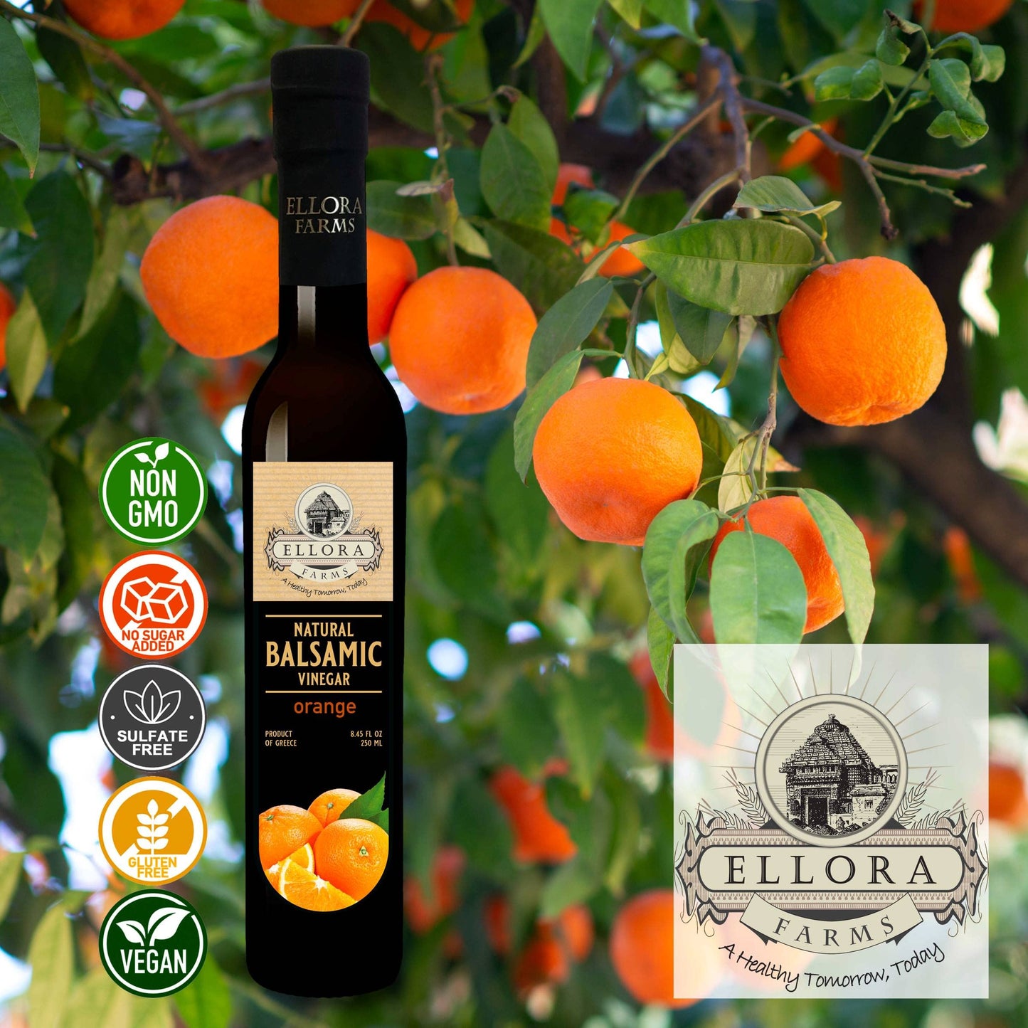 Ellora Farms, Orange Infused Aged Balsamic Vinegar, No-Added Sugars, No-Preservatives, 8.5 Oz (250 Ml) Glass Bottle, Pack Of 1