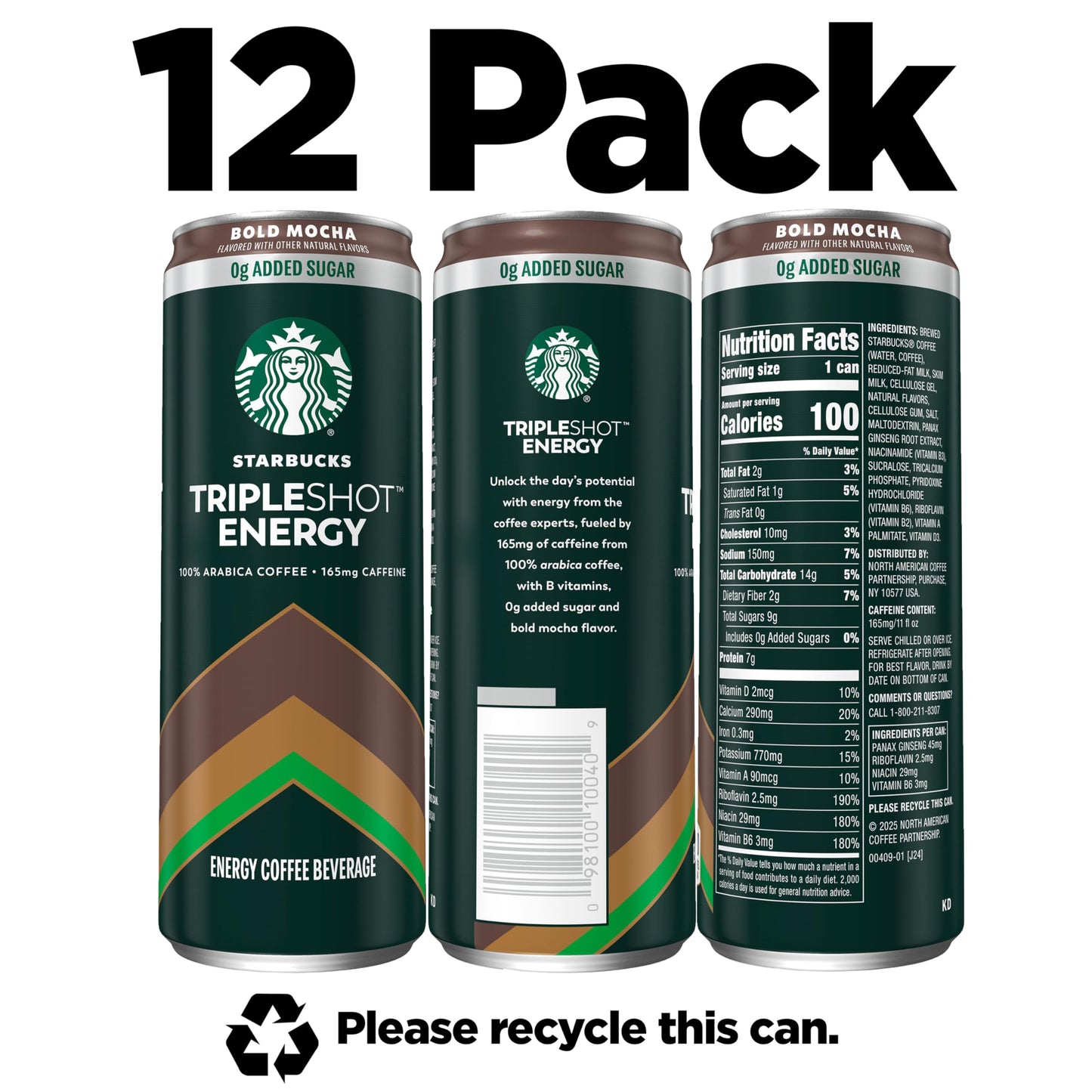 Starbucks Tripleshot Coffee Energy Drink, Bold Mocha, 11 fl oz Cans, 12 Pack, 165mg Caffeine, B Vitamins, Protein