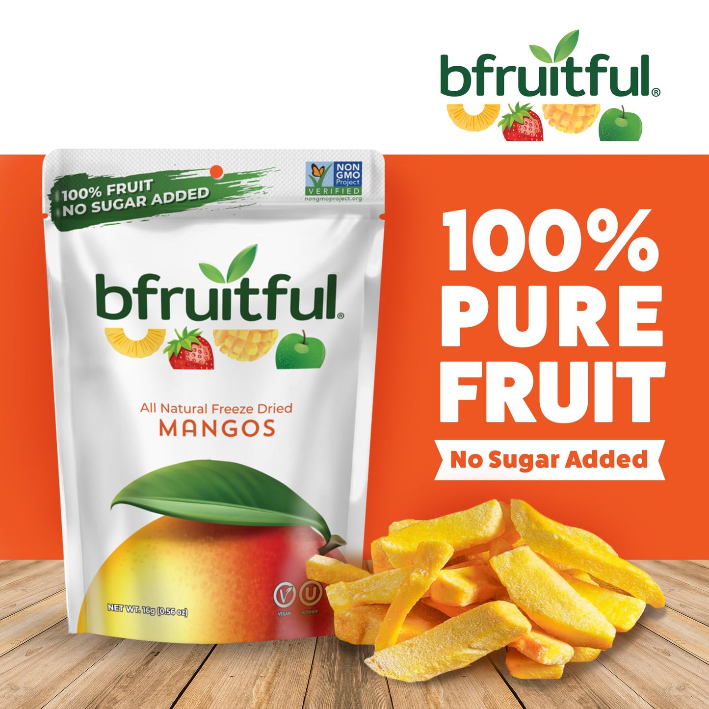Bfruitful Freeze-Dried Mango, Freeze Dried Fresh Fruit Bites, Gluten Free, Vegan, Dairy Free, Kosher, No Sugar Added, Non Gmo, H