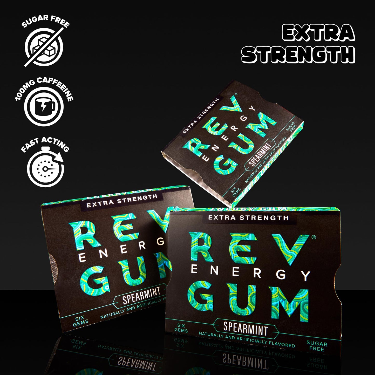 Rev Gum Caffeine Energy Gum | Extra Strength 100mg of Caffeine per Gem | Spearmint Sugar Free Caffeine Gum - Low Calorie Chews to Help You Stay Alert  Awake and Focused - Mint Chewing Gum - 12 Packs