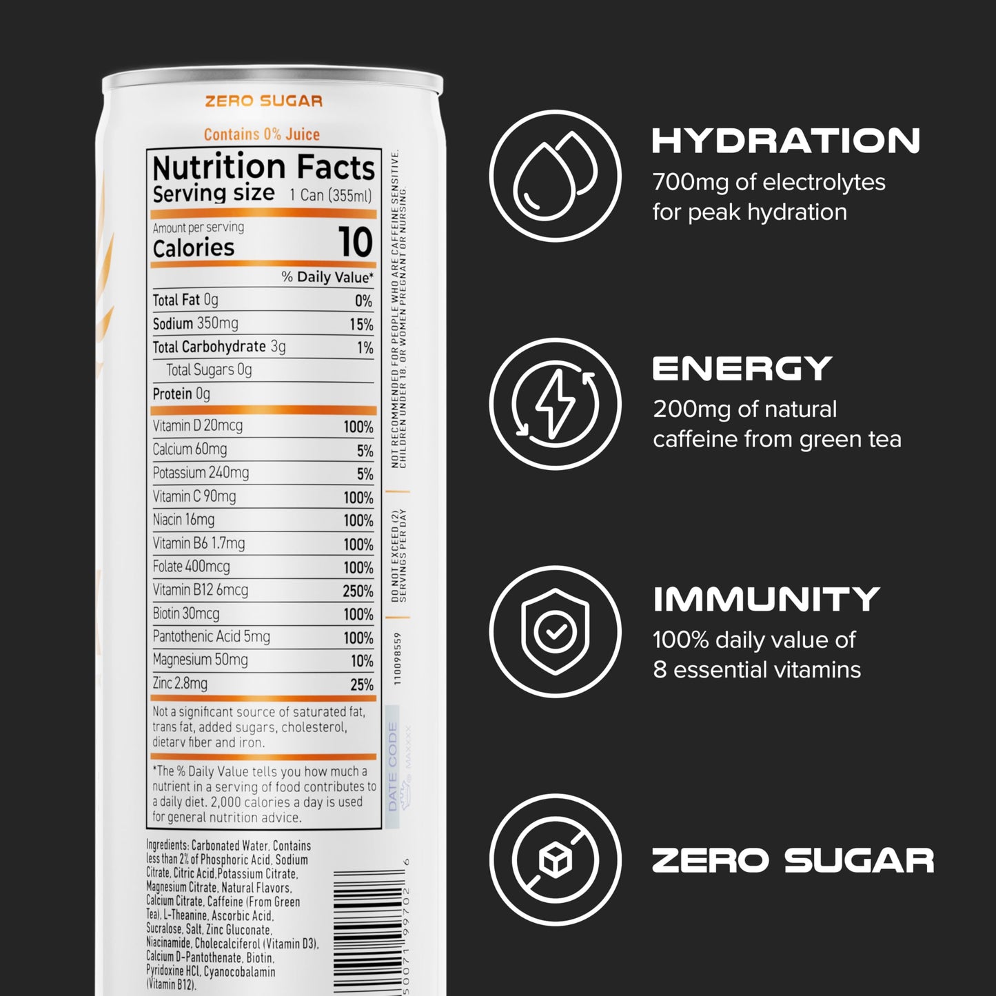 PHX Hydration Energy Drink - 700mg Electrolytes  200mg Natural Green Tea Caffeine  100% Daily Value 8 Essential Vitamins - 12 oz Cans (12 Pack) (12 Pack  Orange)