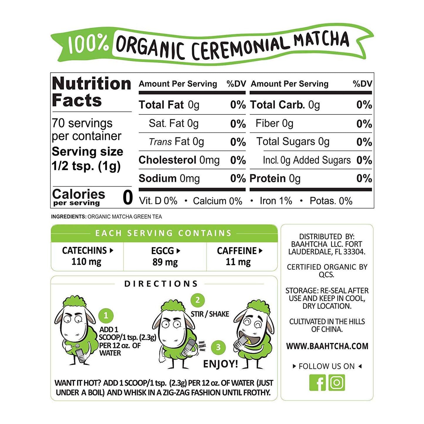 BAAHTCHA Organic Matcha Green Tea Powder - Premium Ceremonial Grade - 70g (2.47 Ounce) - Natural Caffeine Energy Drink Mix