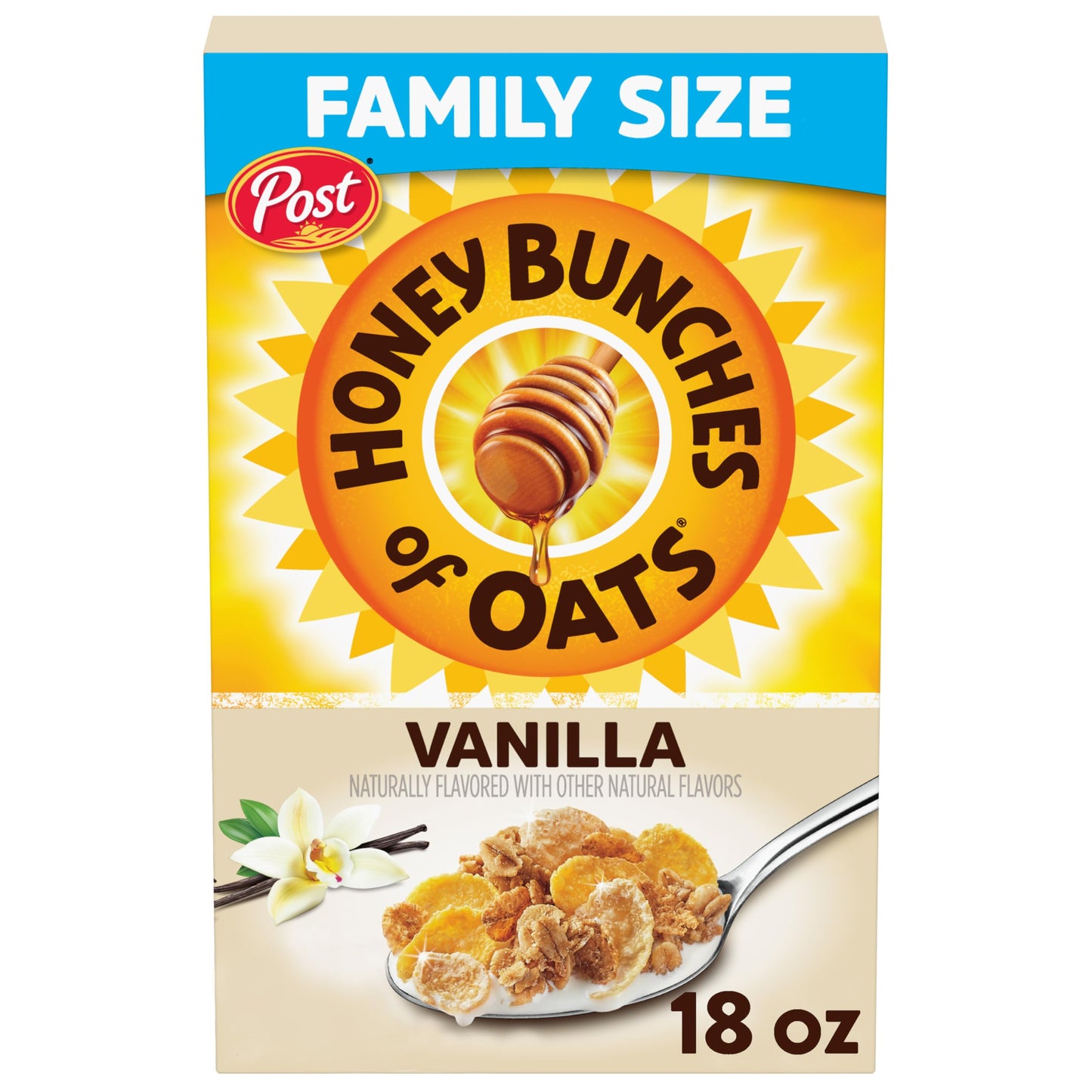 Post Honey Bunches of Oats Vanilla Breakfast Cereal, Vanilla Cereal with Oats and Granola Clusters, 18 OZ Box