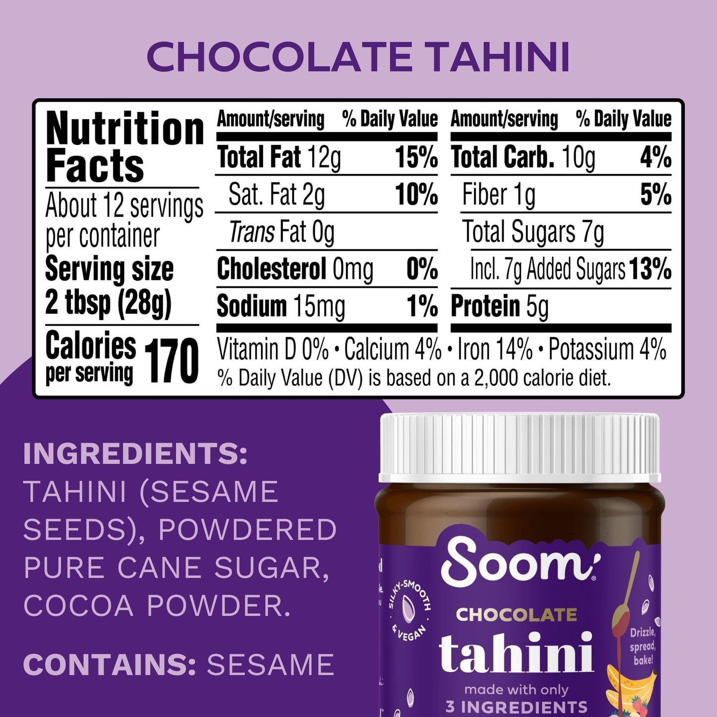 Soom Foods Chocolate Sesame Spread - 12oz (2 Pack) | Made with 3 Ingredients, Low Sugar, Dairy-Free, Nut-Free, Gluten-Free, Palm